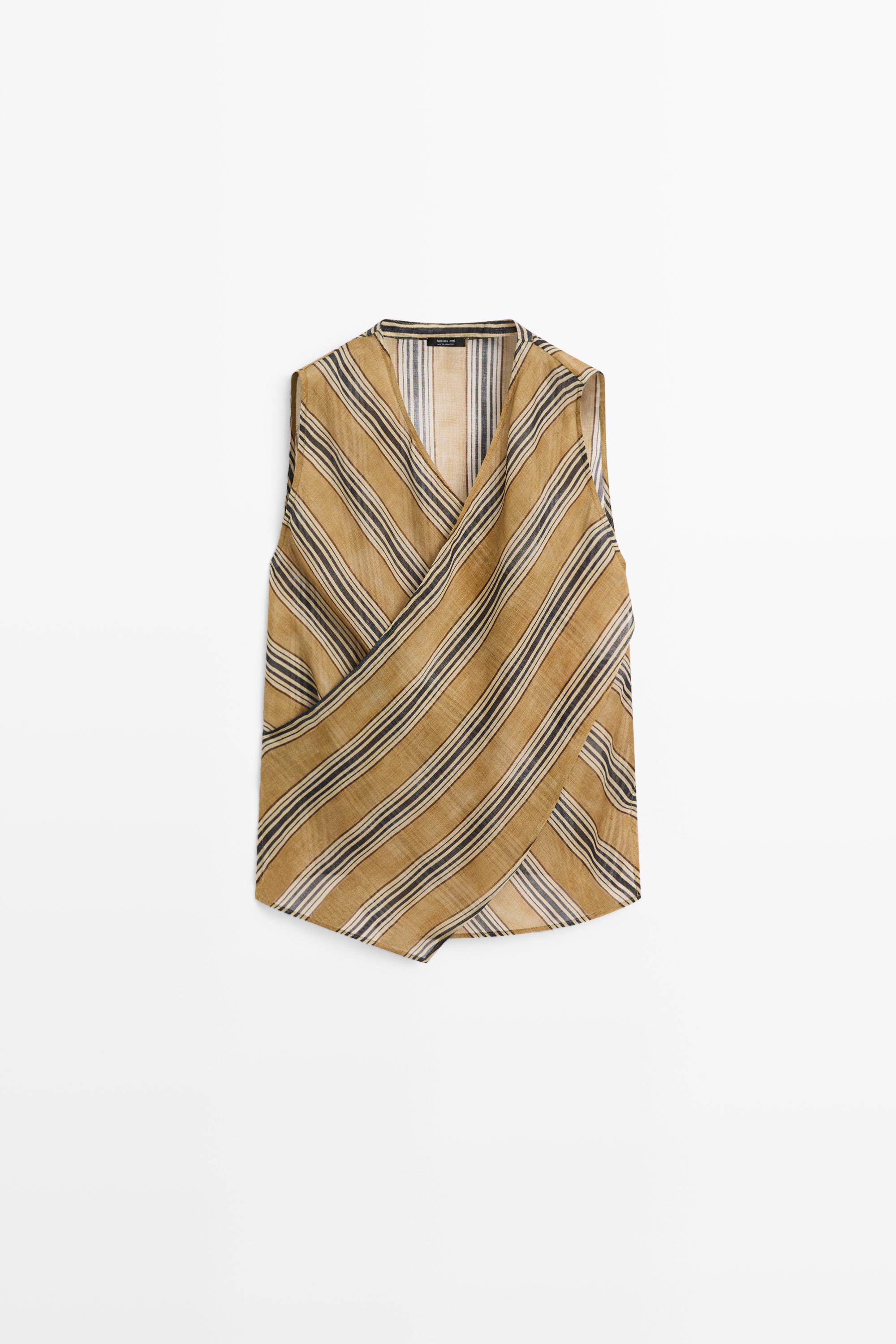 Flowing striped ramie blend wrap top — DARK YELLOW