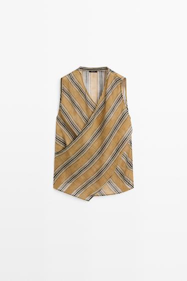 Flowing striped ramie blend wrap top — DARK YELLOW 2