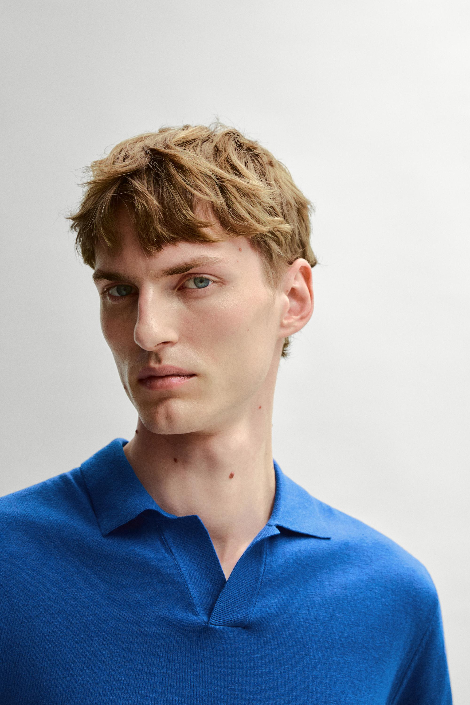 Cotton and linen knit polo sweater — Blue