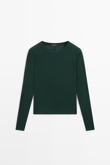 Long sleeve wool-blend T-shirt — BOTTLE GREEN 2