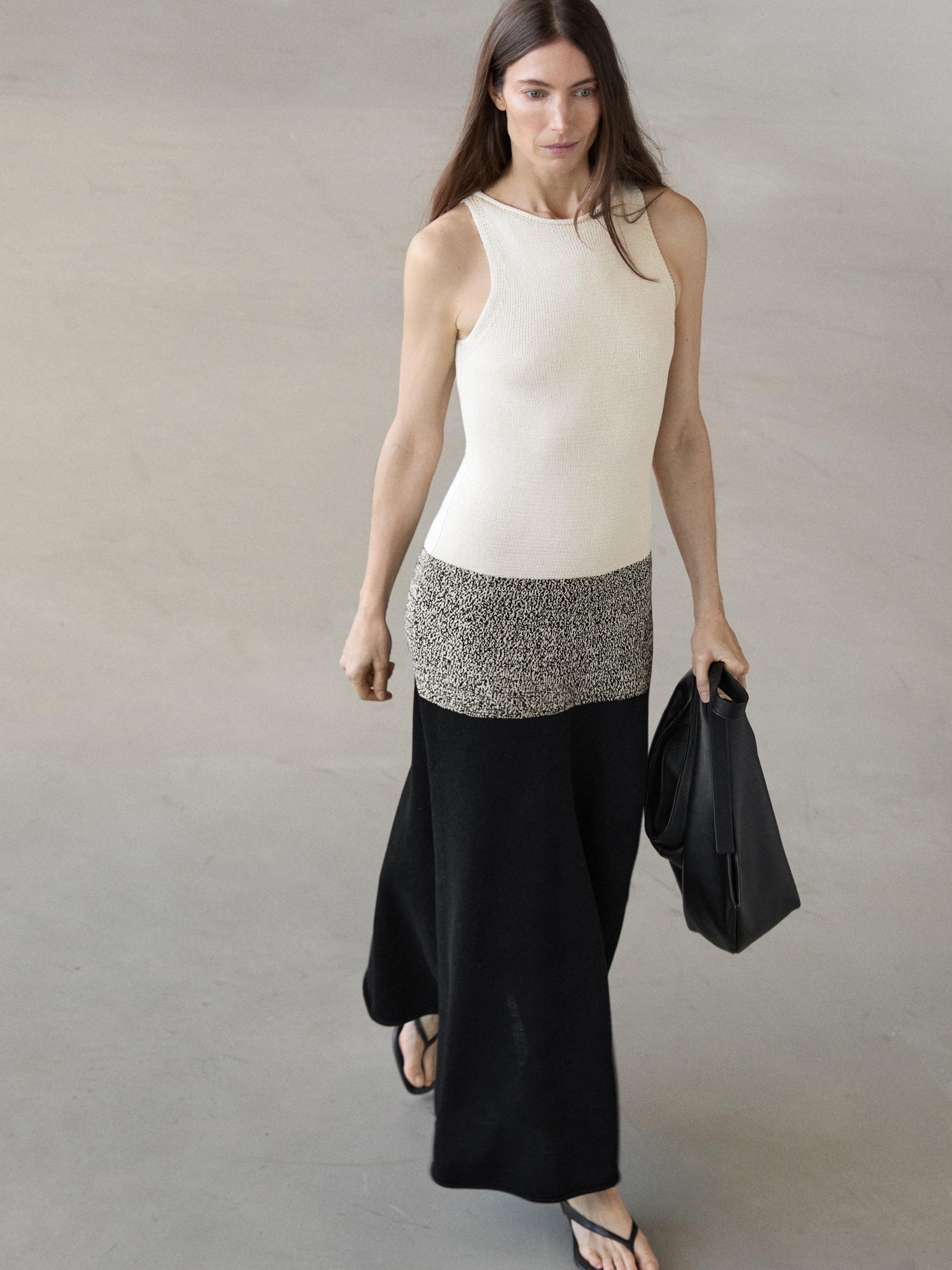 100% cotton contrast knit midi dress — BLACK