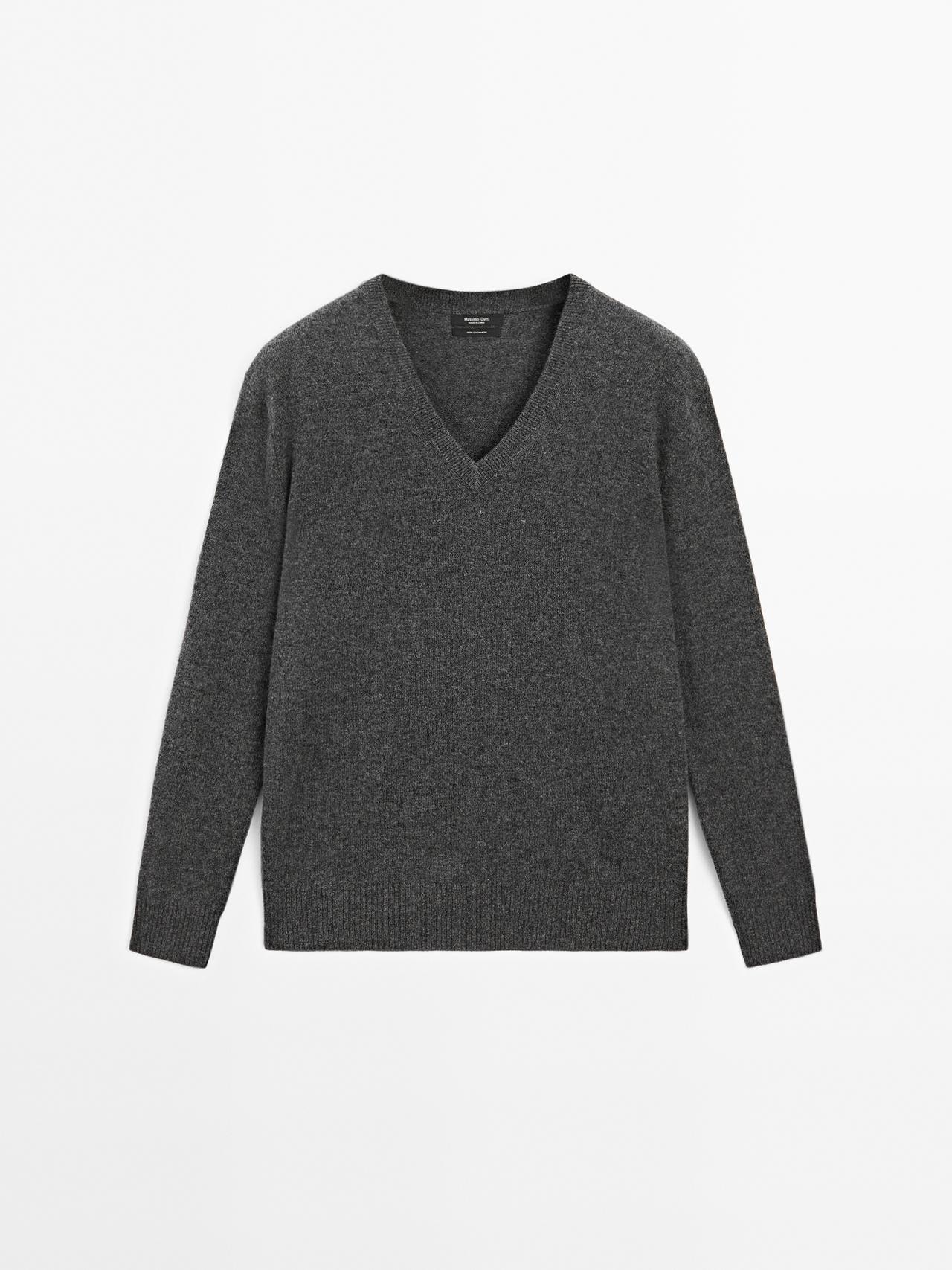 Massimo Dutti - Dame - Striktrøje I 100 % Kashmir Med V-Udskæring - Grå - S