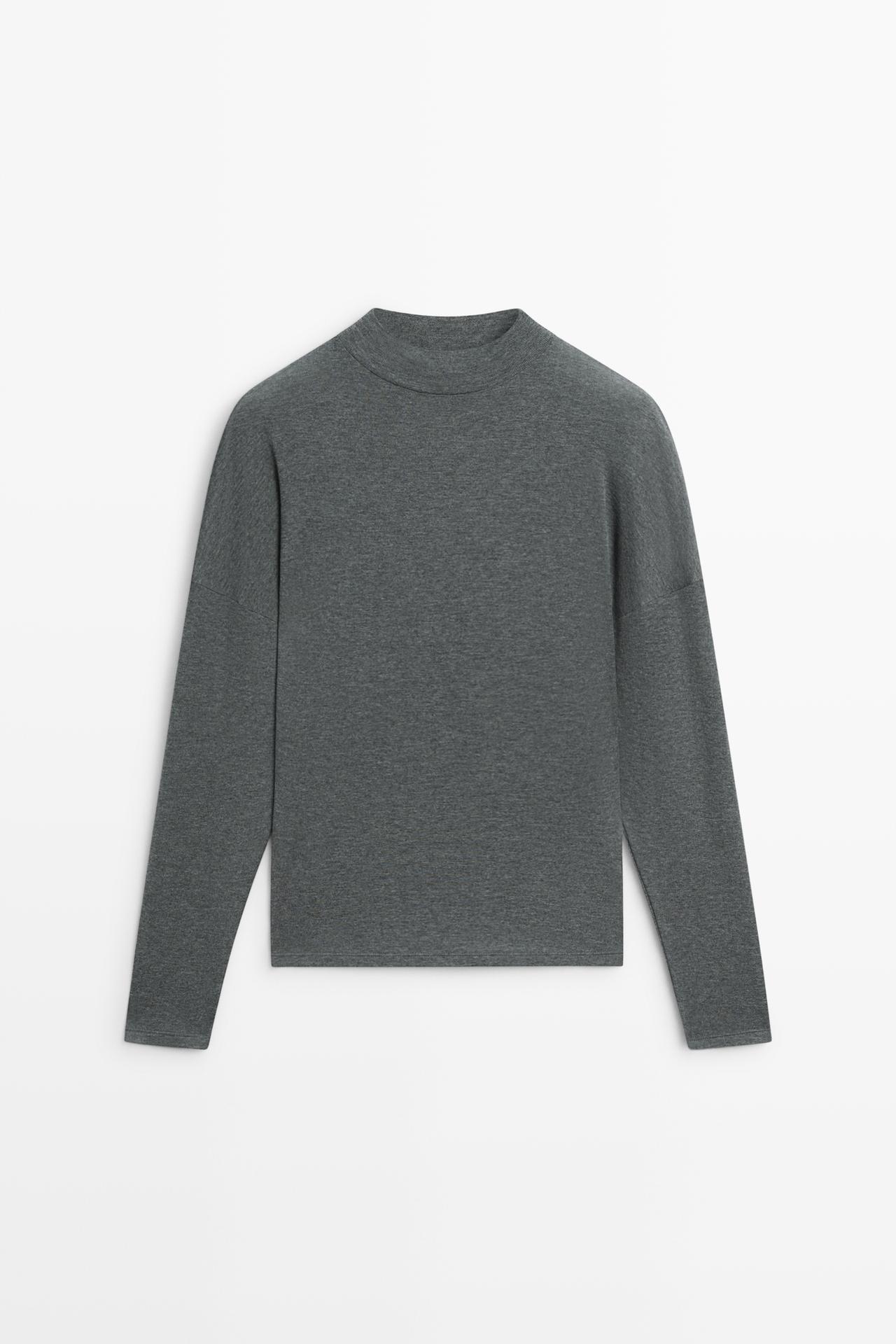 Funnel neck knit T-shirt — GREY MARL