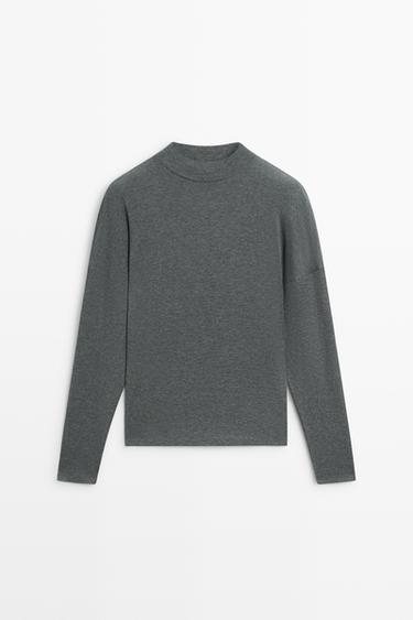 Funnel neck knit T-shirt — GREY MARL 2