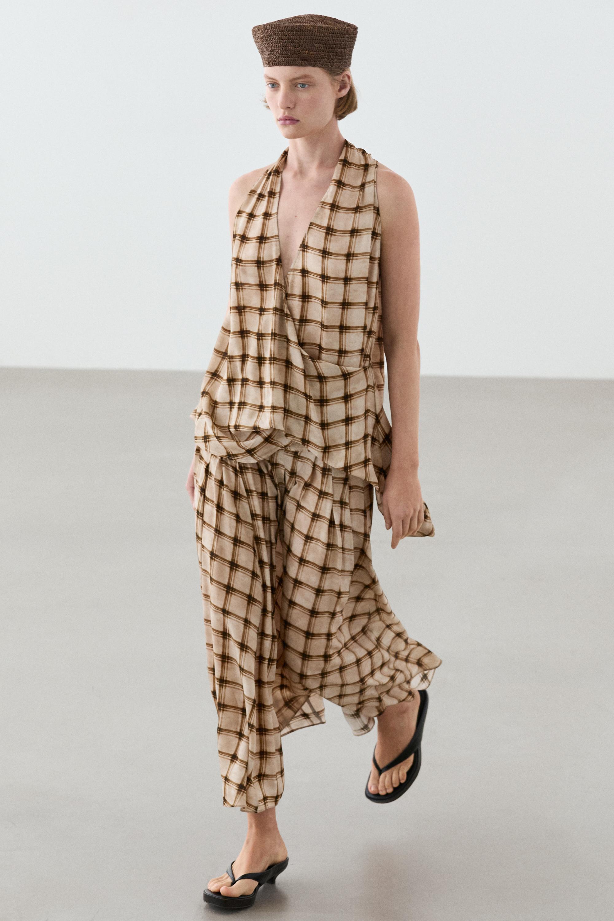 Flowing check midi skirt co-ord — PALE MINK