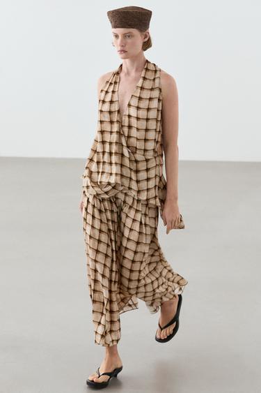 Flowing check midi skirt co-ord — PALE MINK 8