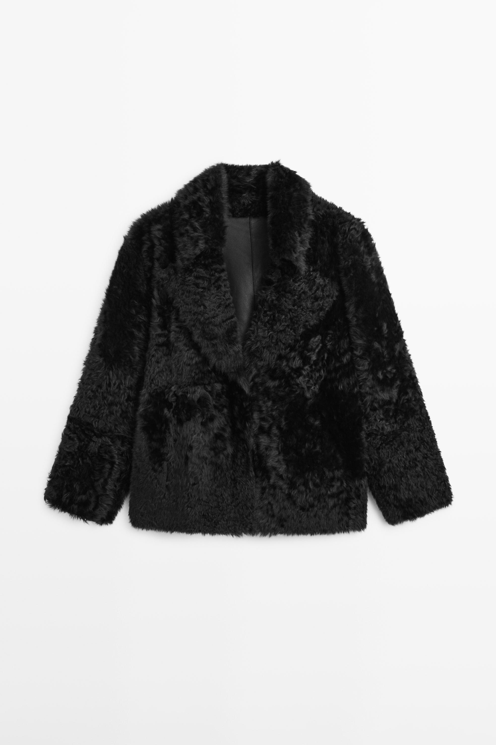 Sheepskin leather coat with lapel collar - STUDIO — BLACK