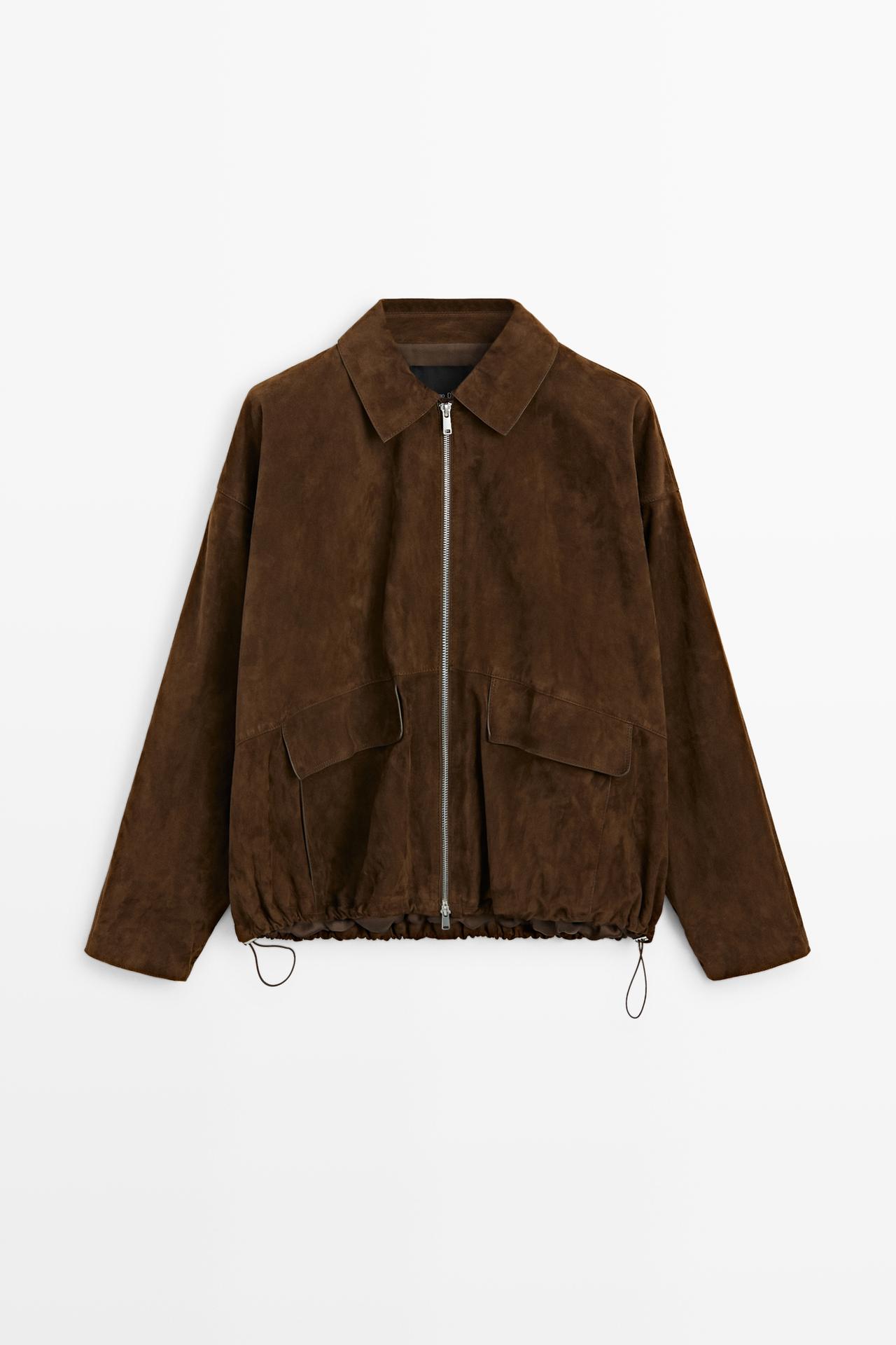 Oversize suede leather bomber jacket — BROWN