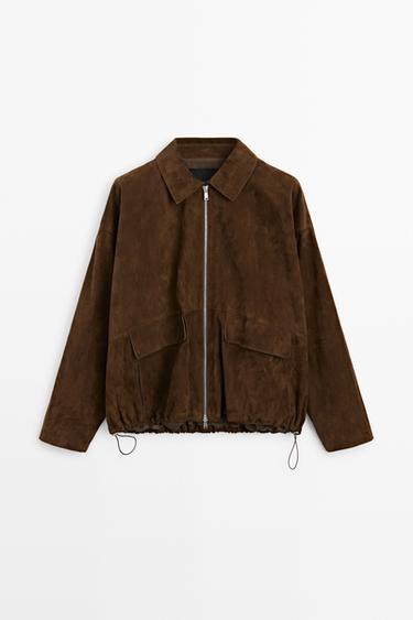 Oversize suede leather bomber jacket — BROWN 2