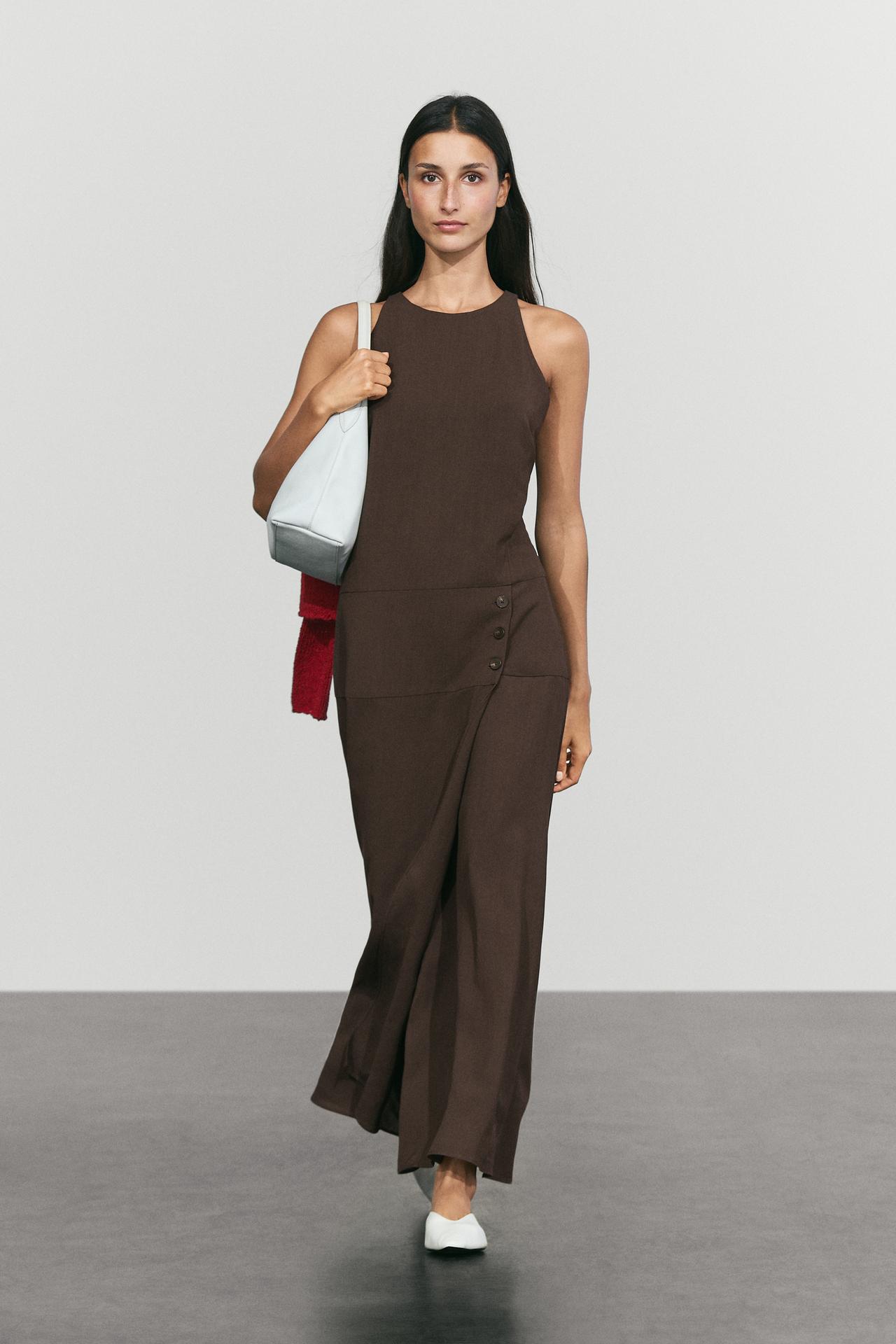 Midi dress with side button detail — BROWN