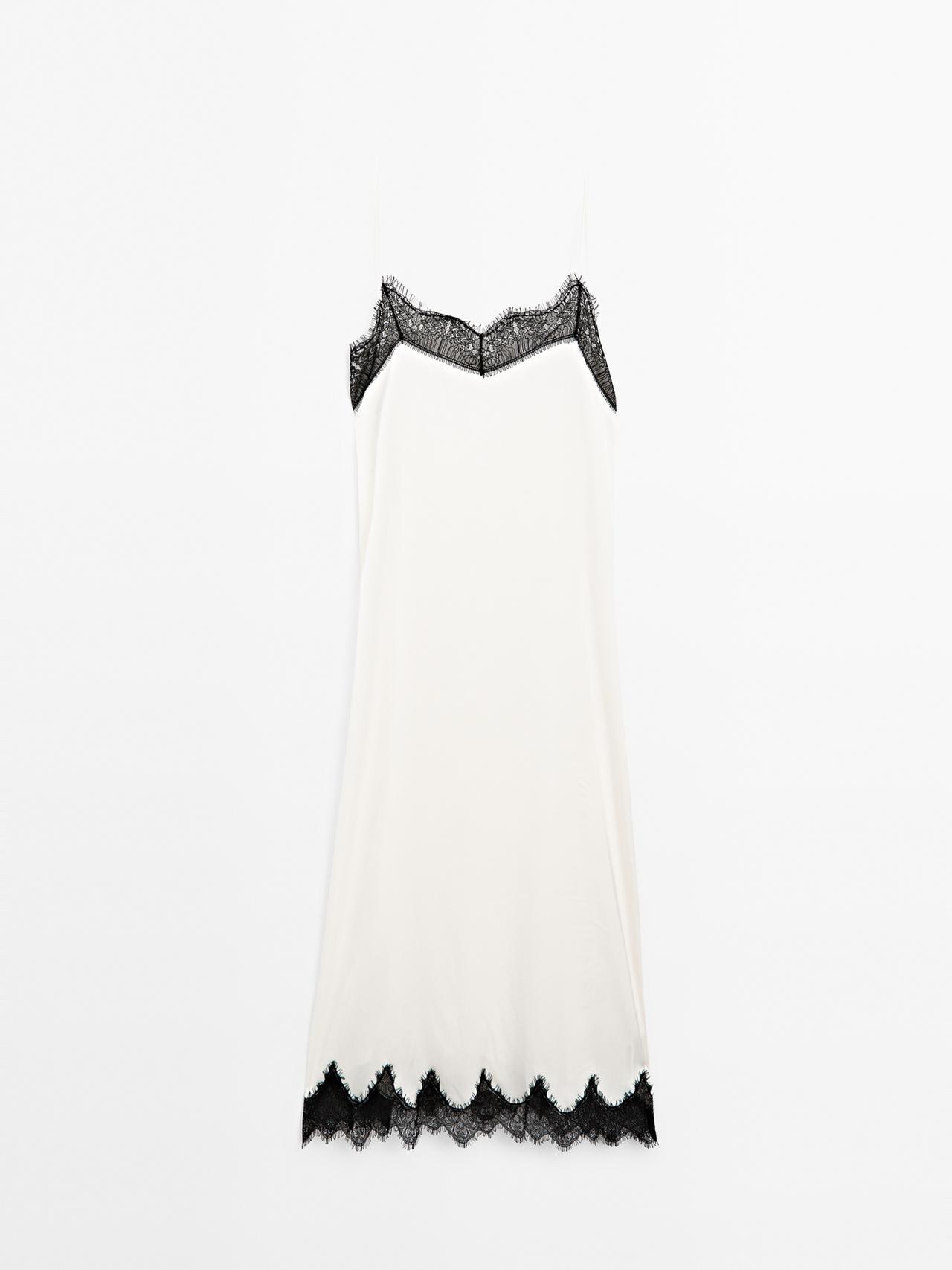 Massimo Dutti - Dame - Midikjole Med Blondekant I Kontrast - Råhvid - S