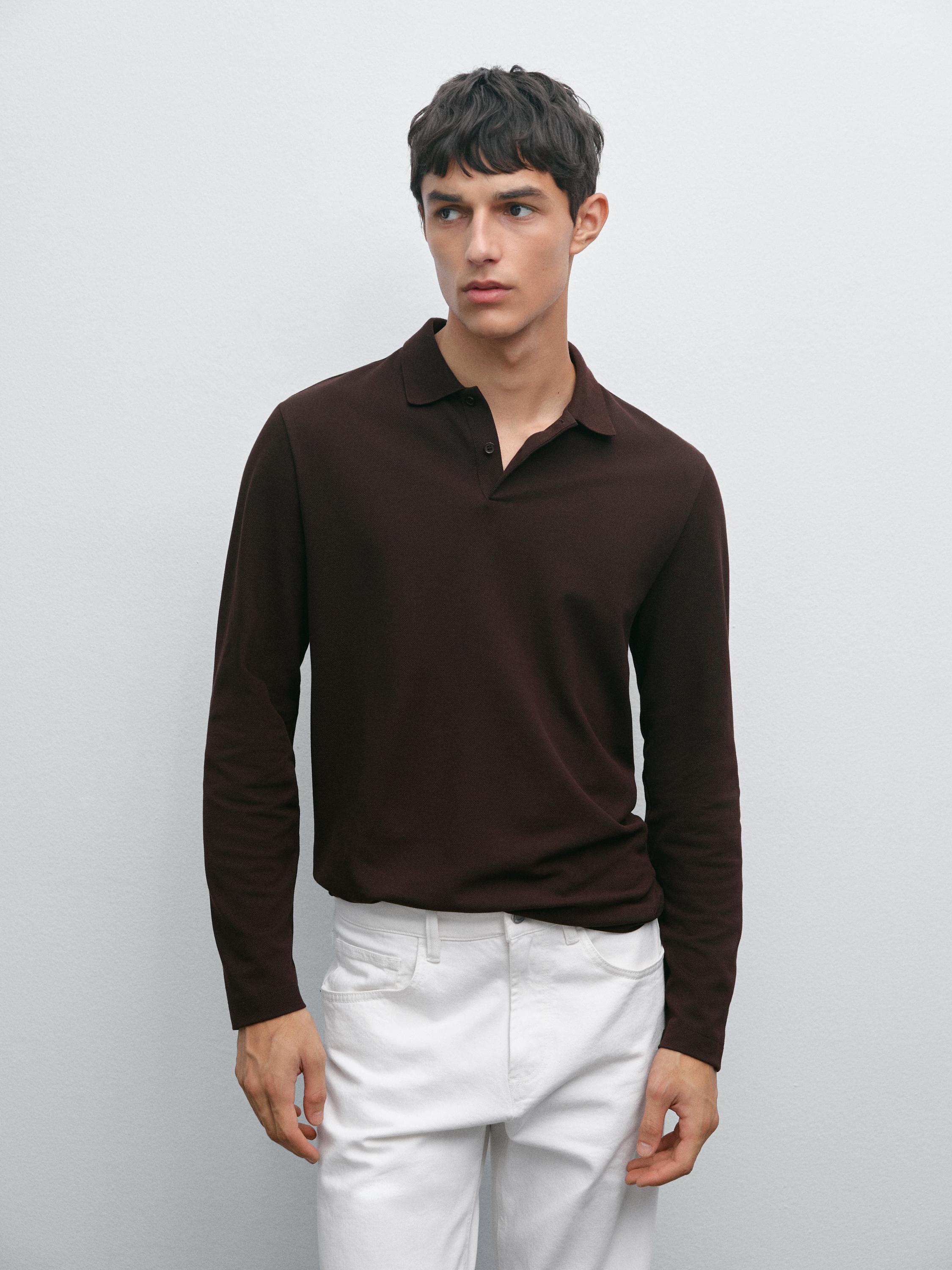 Long sleeve mercerised cotton piqué polo shirt