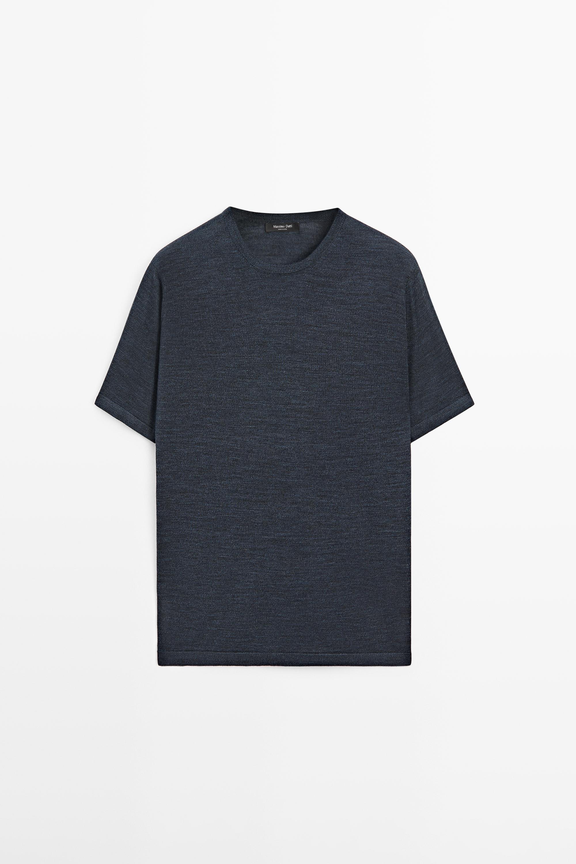 Wool-blend short-sleeve knit sweater — DARK NAVY