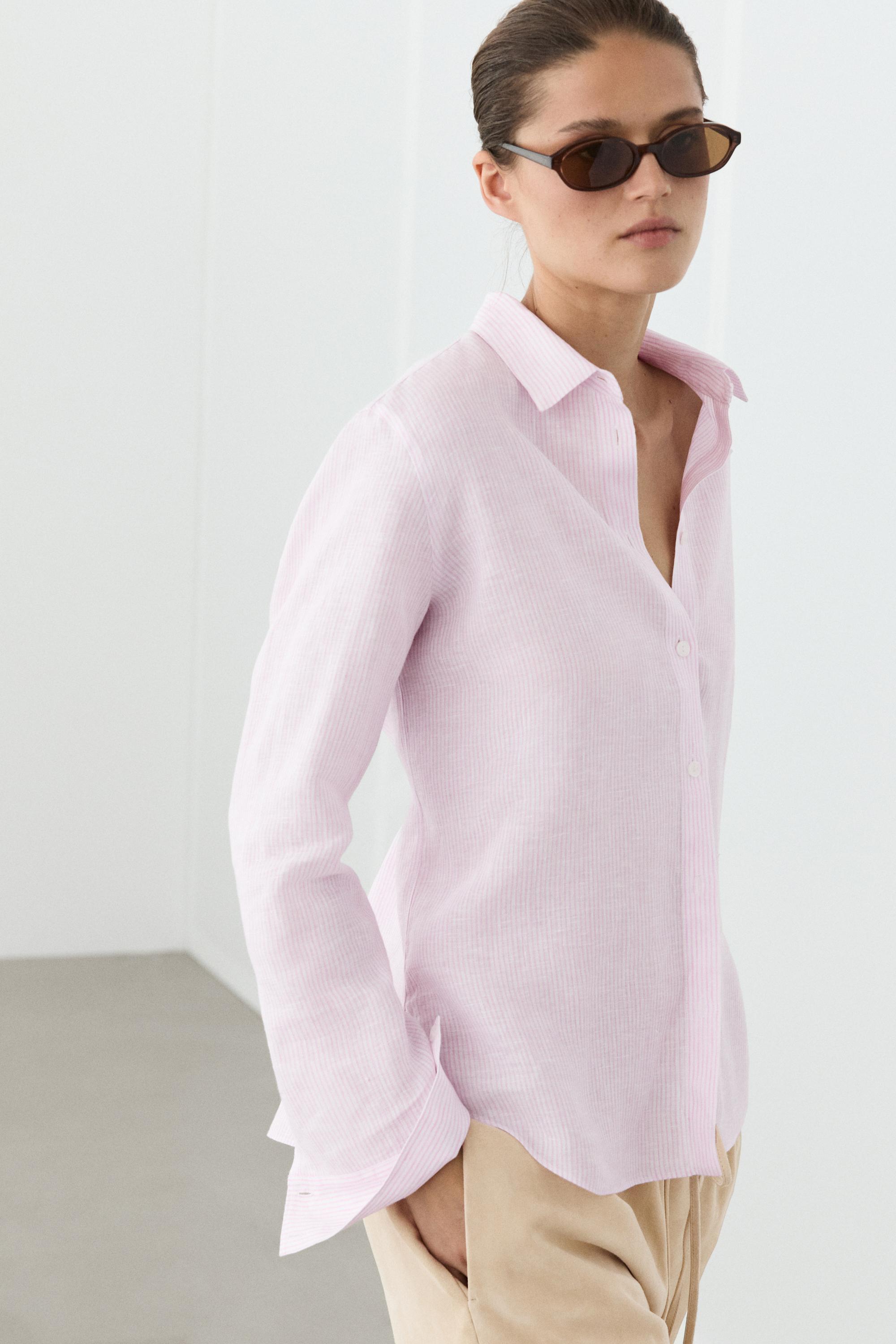 100% linen shirt with striped details — Pink