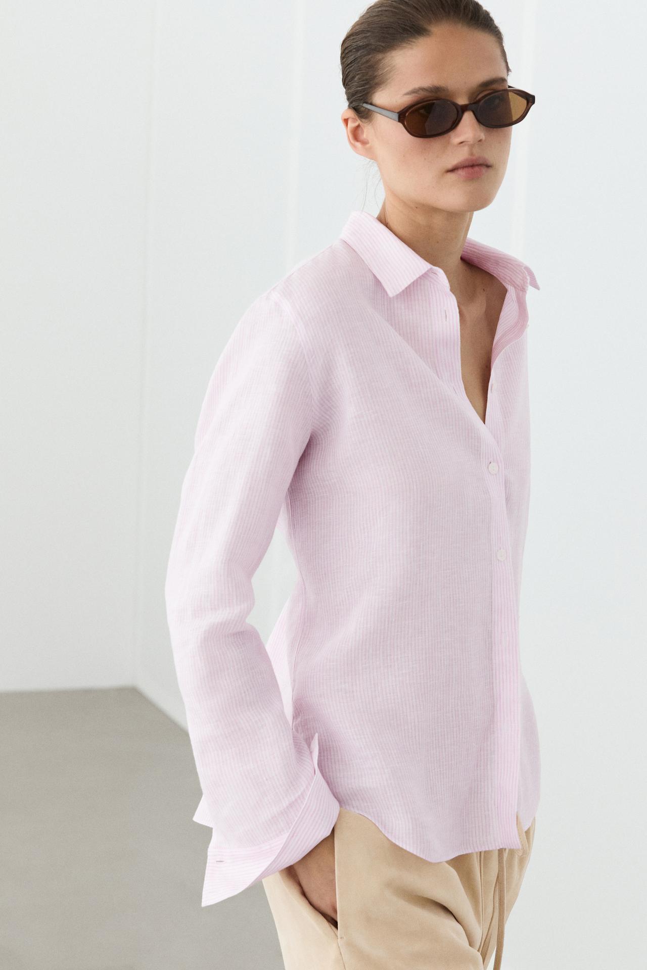 100% linen shirt with striped details — Pink