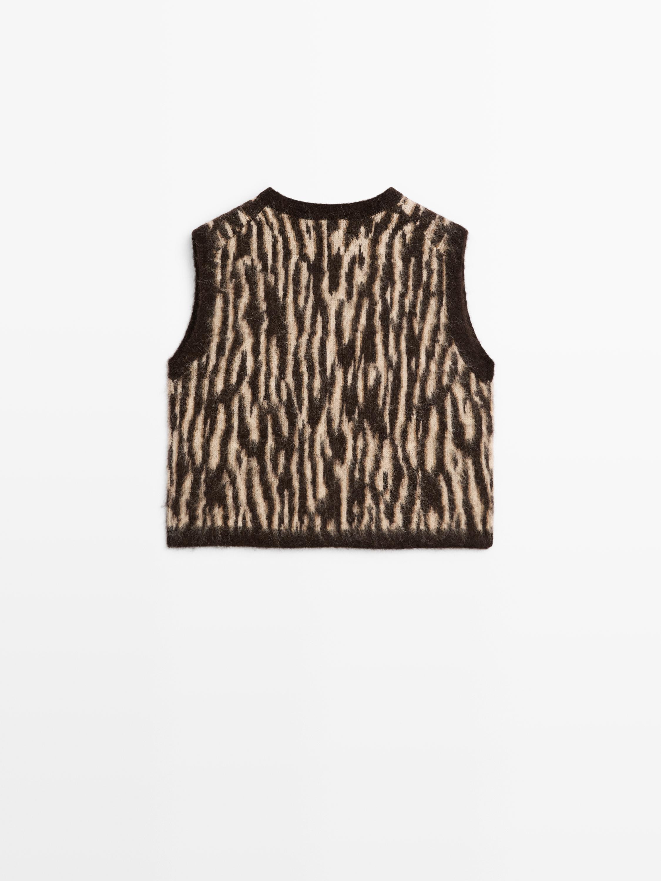 Animal print wool blend knit waistcoat