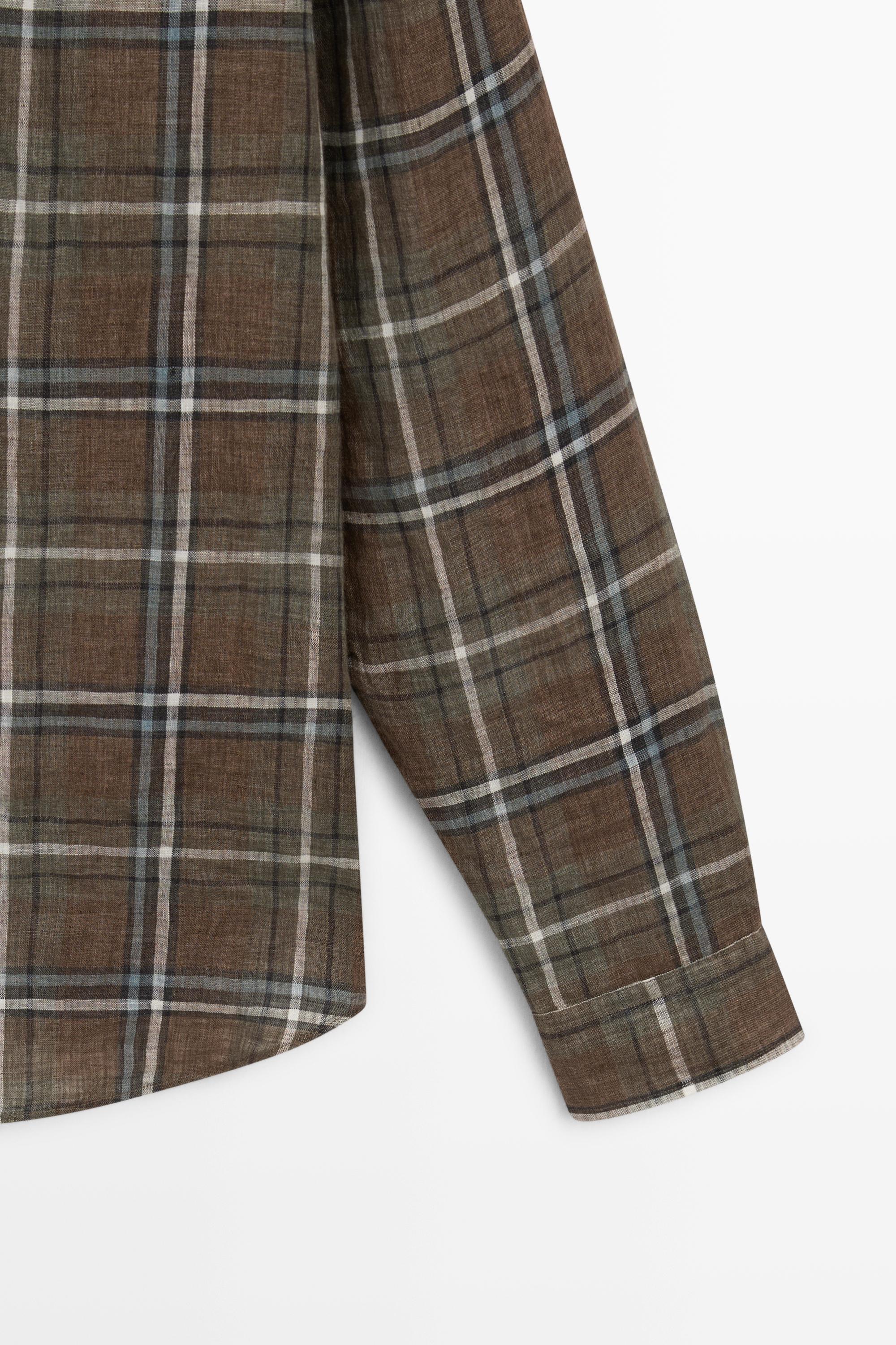 100% linen regular fit check shirt — GREEN