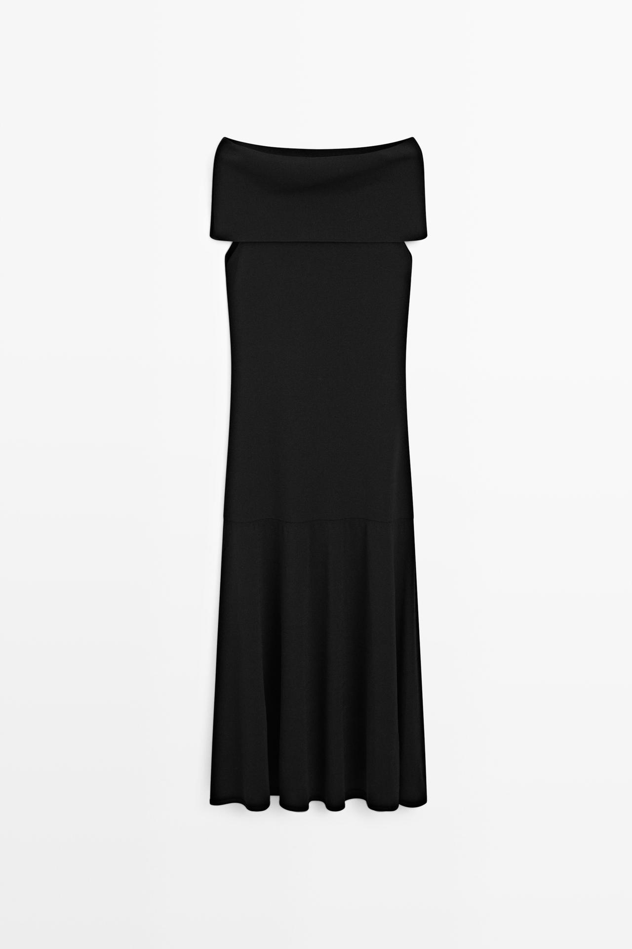 Knit midi dress with exposed shoulders — BLACK