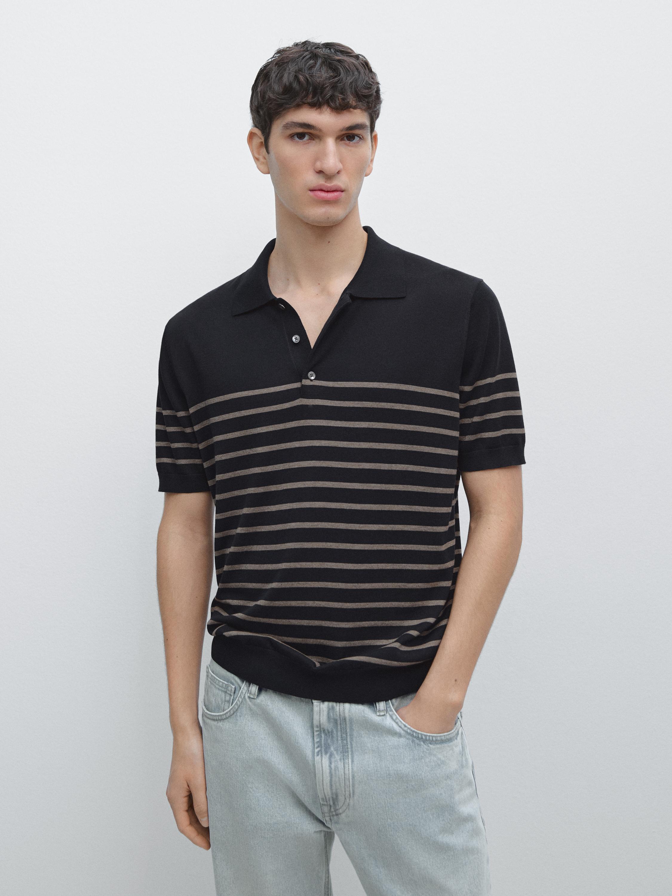 Striped cotton blend knit polo shirt