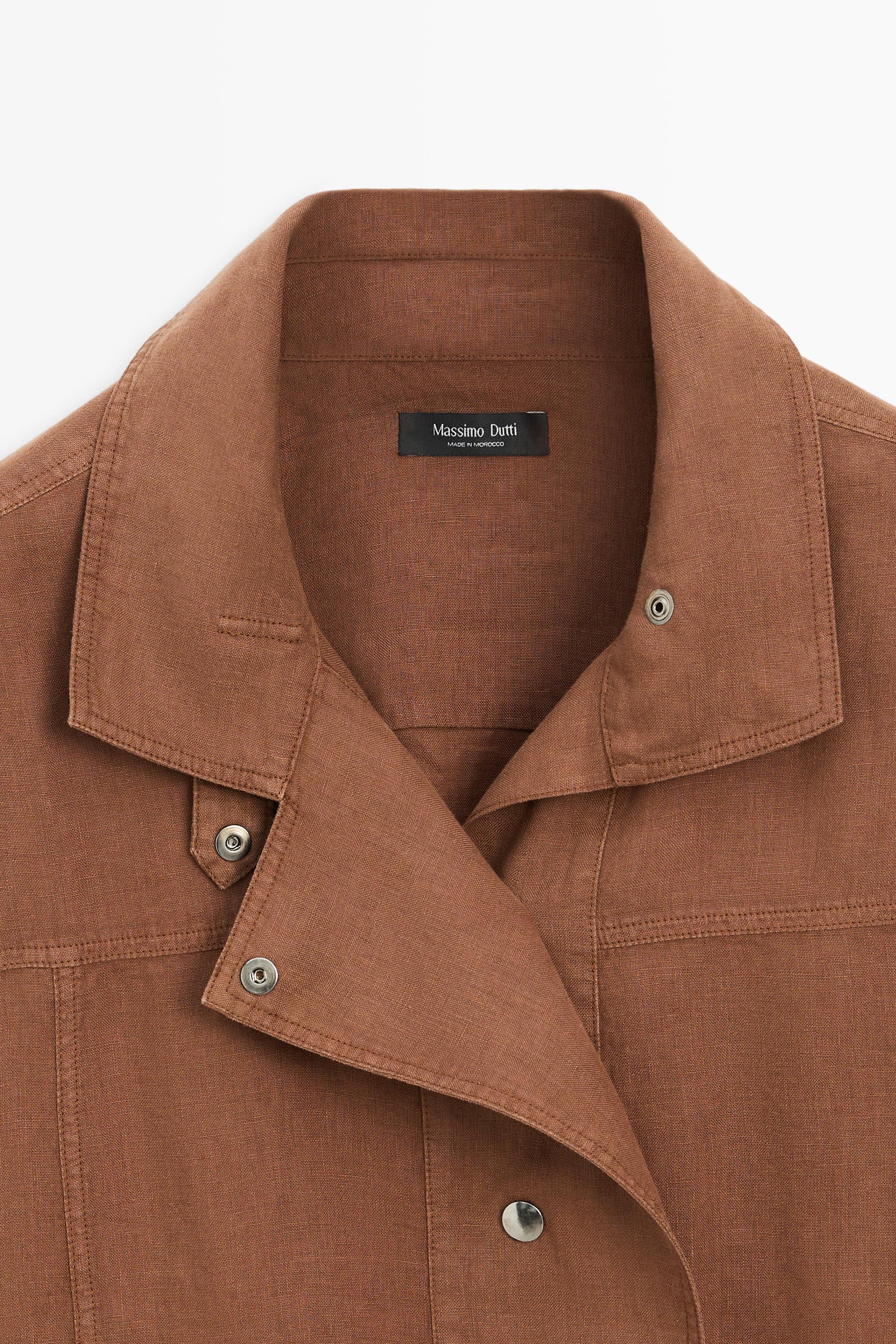 100% linen snap-button shirt — BROWN