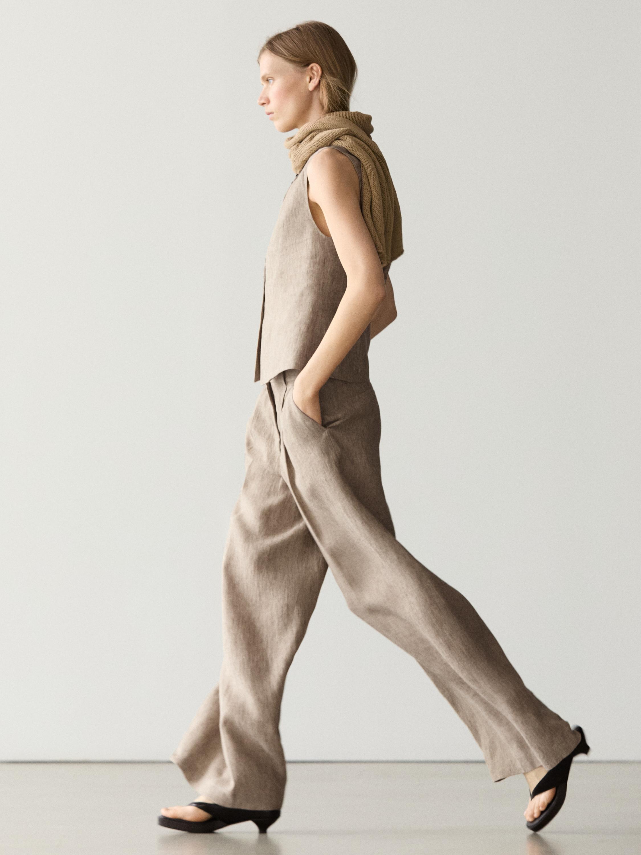 Linen melange trousers with pleated details — BEIGE
