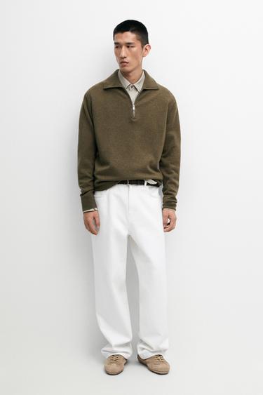Mock neck zip-up knit sweater — Sea green 1