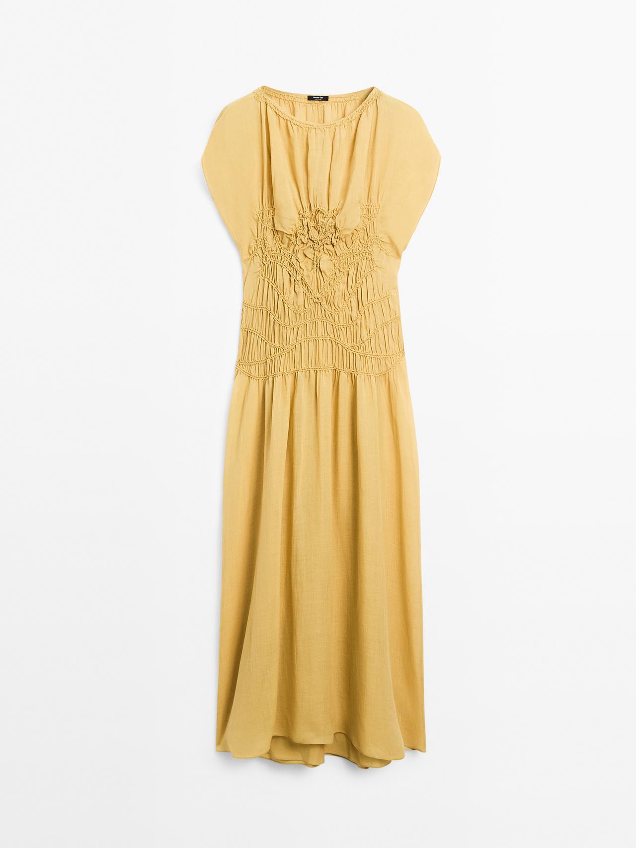 Massimo Dutti - Dame - Midikjole Med Broderet Detalje - Sennepsgul - Xs