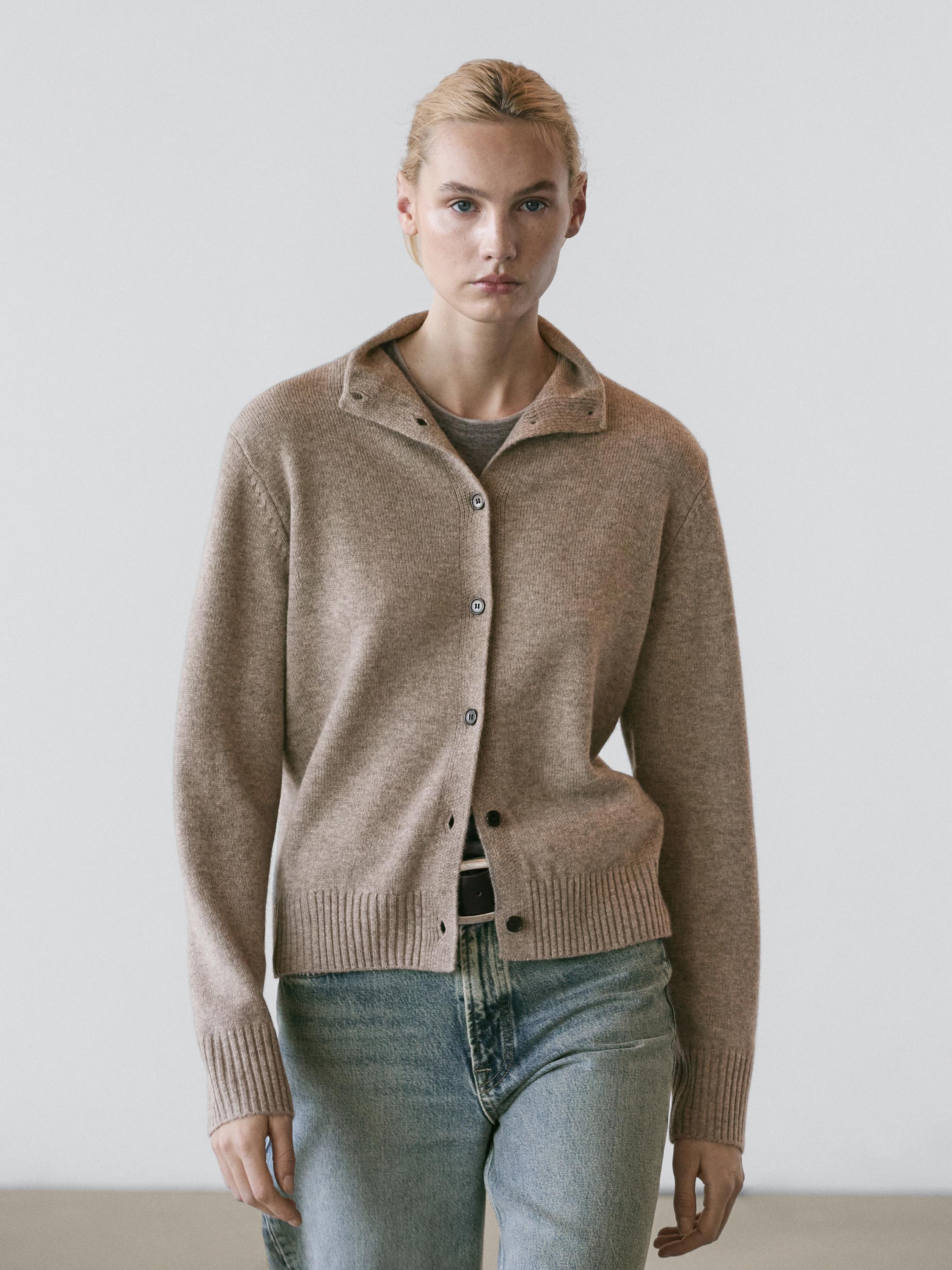Wool high neck knit cardigan