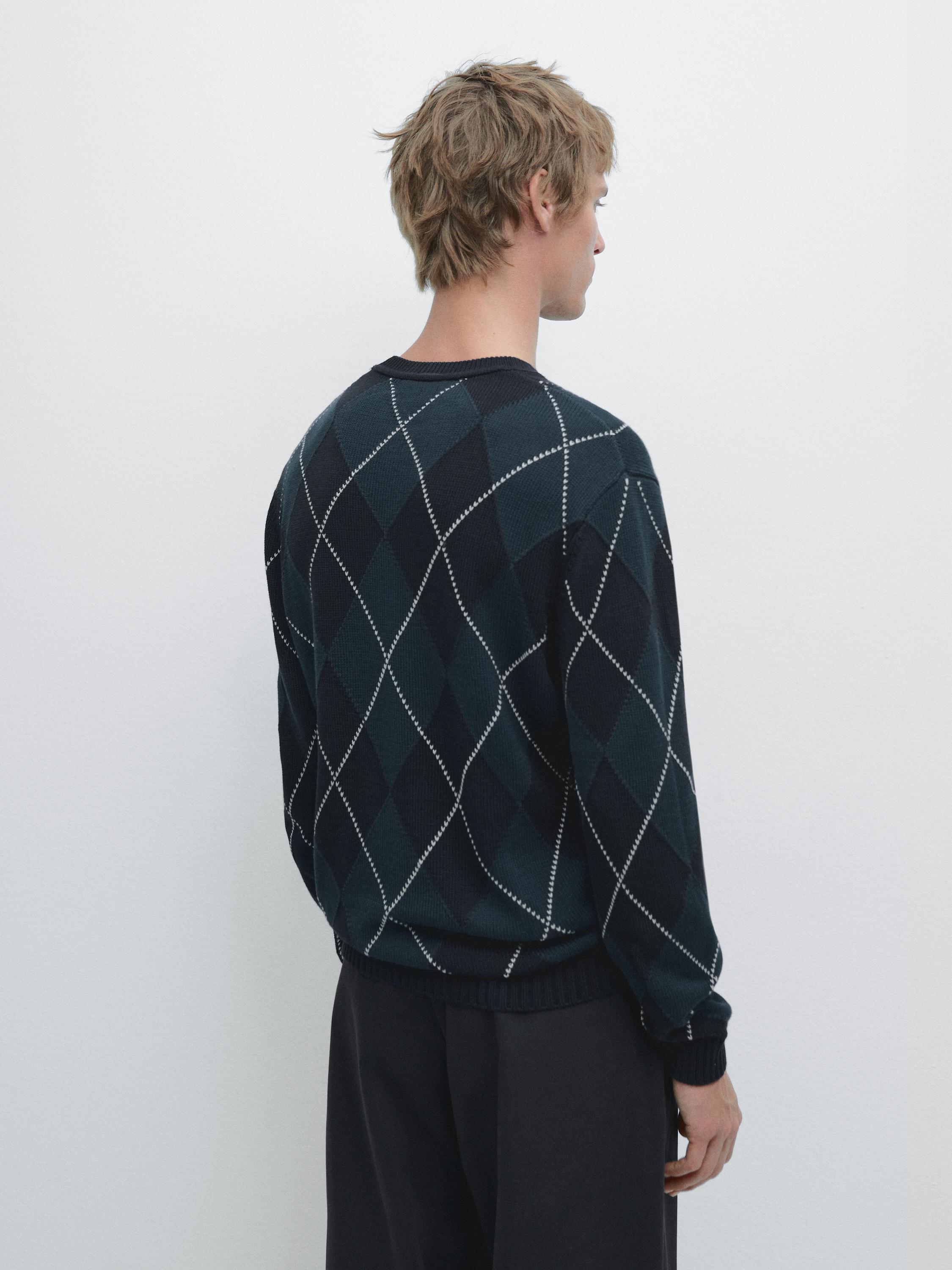 Cotton knit sweater with argyle detail — BLUE