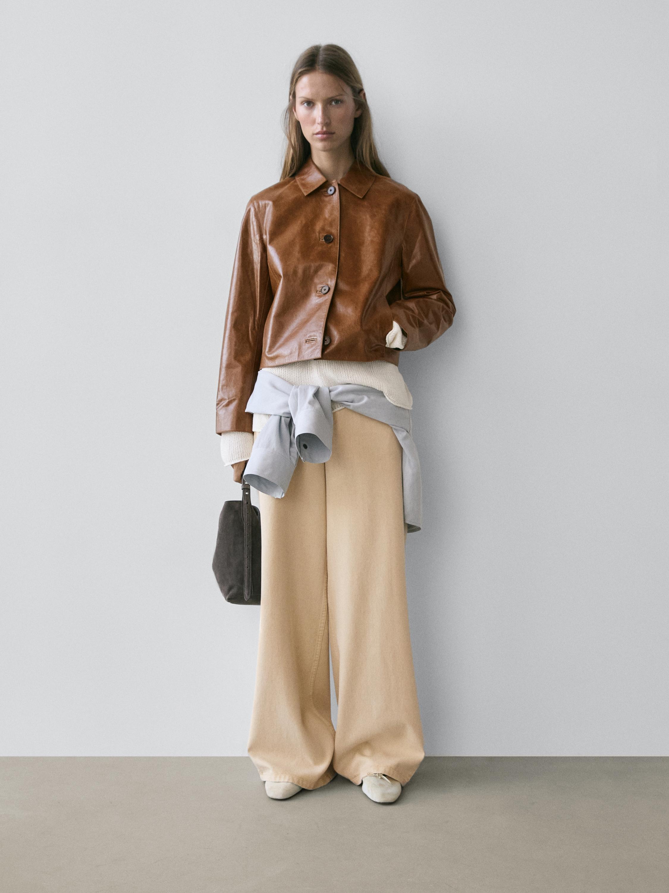Cropped nappa leather jacket — CAMEL