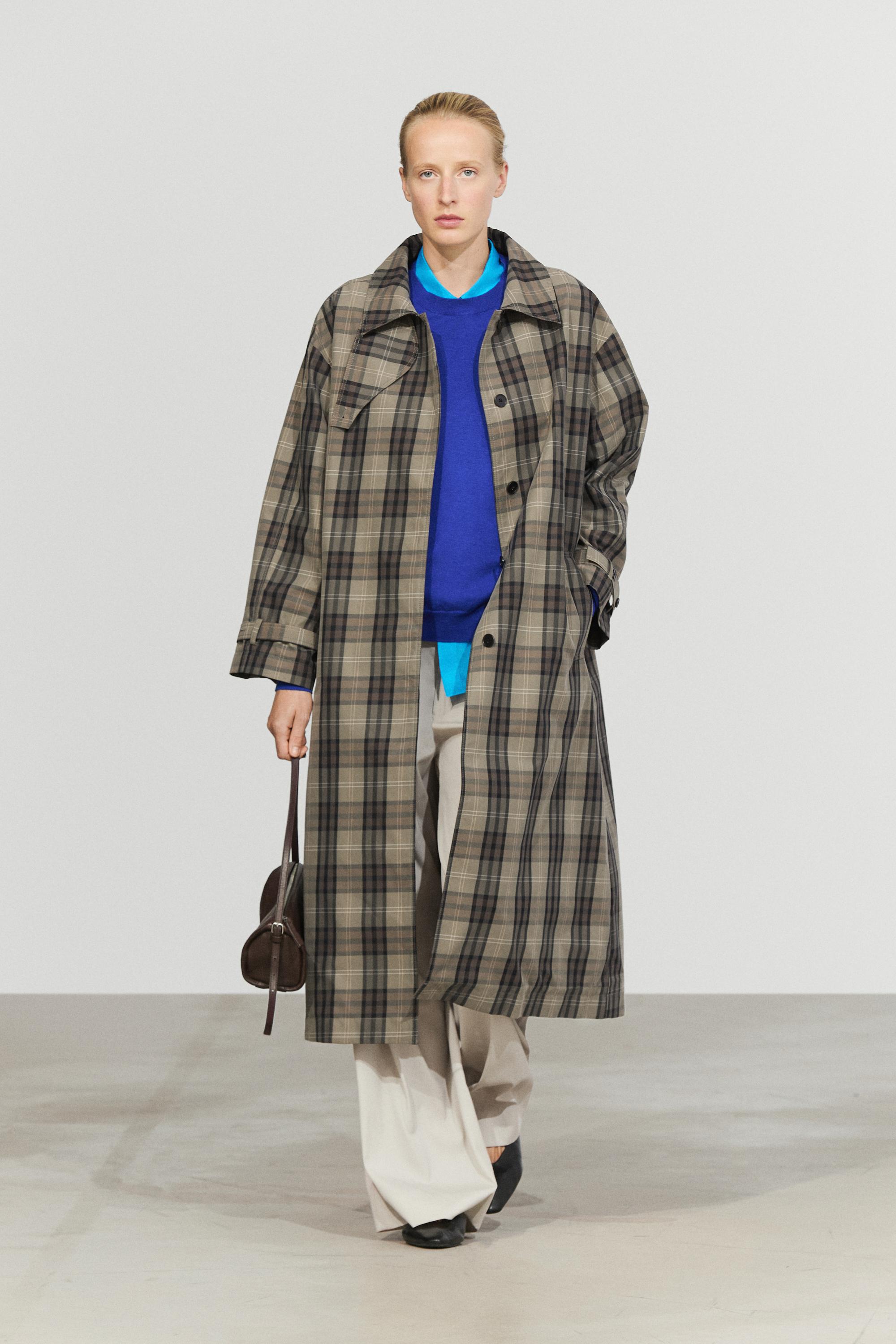 Plaid cotton blend long trench parka