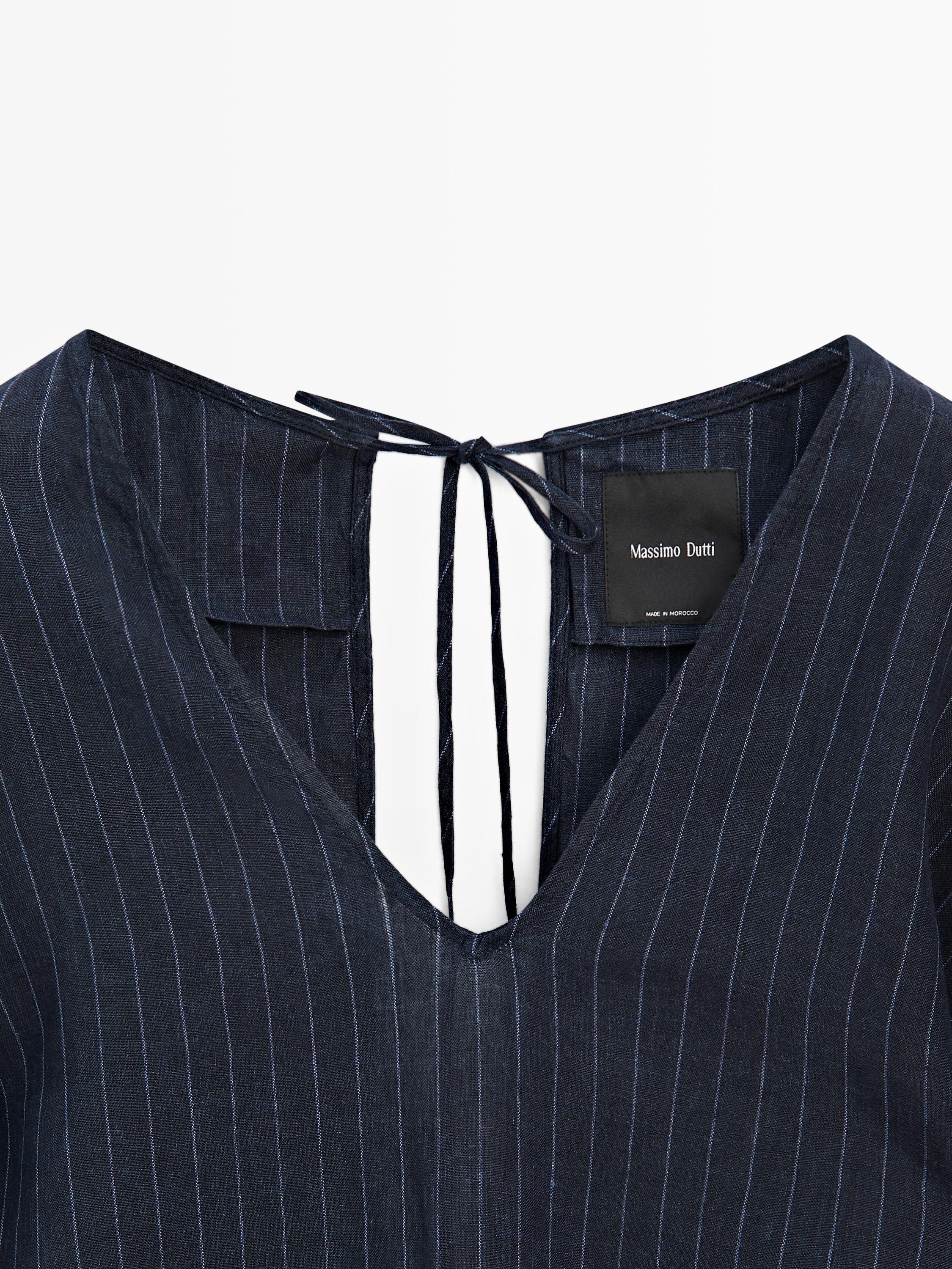 Striped linen blouse with back detail — DARK BLUE