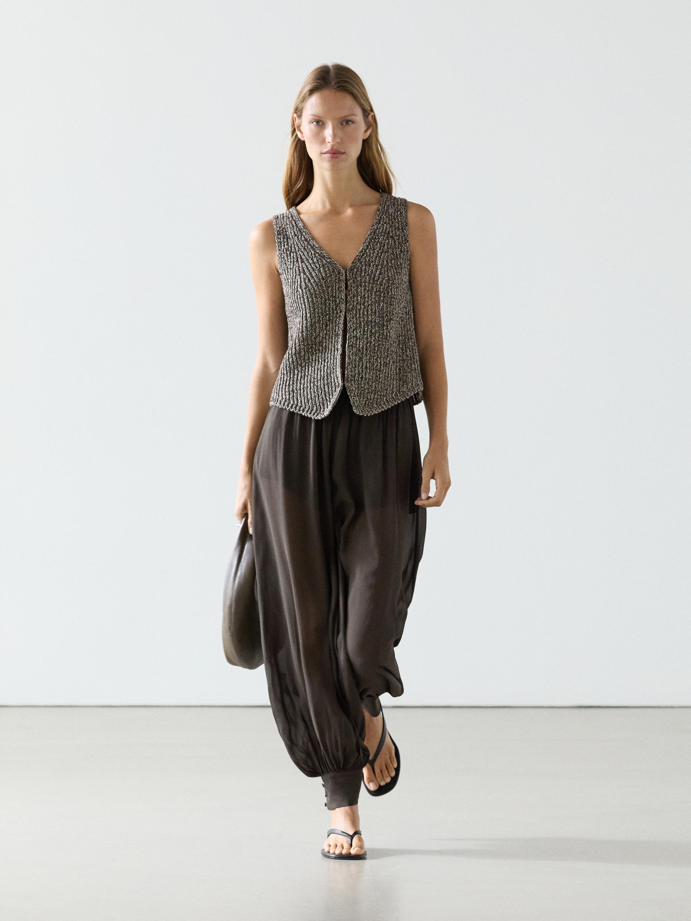 Cotton blend V-neck knit vest — BROWN MARL