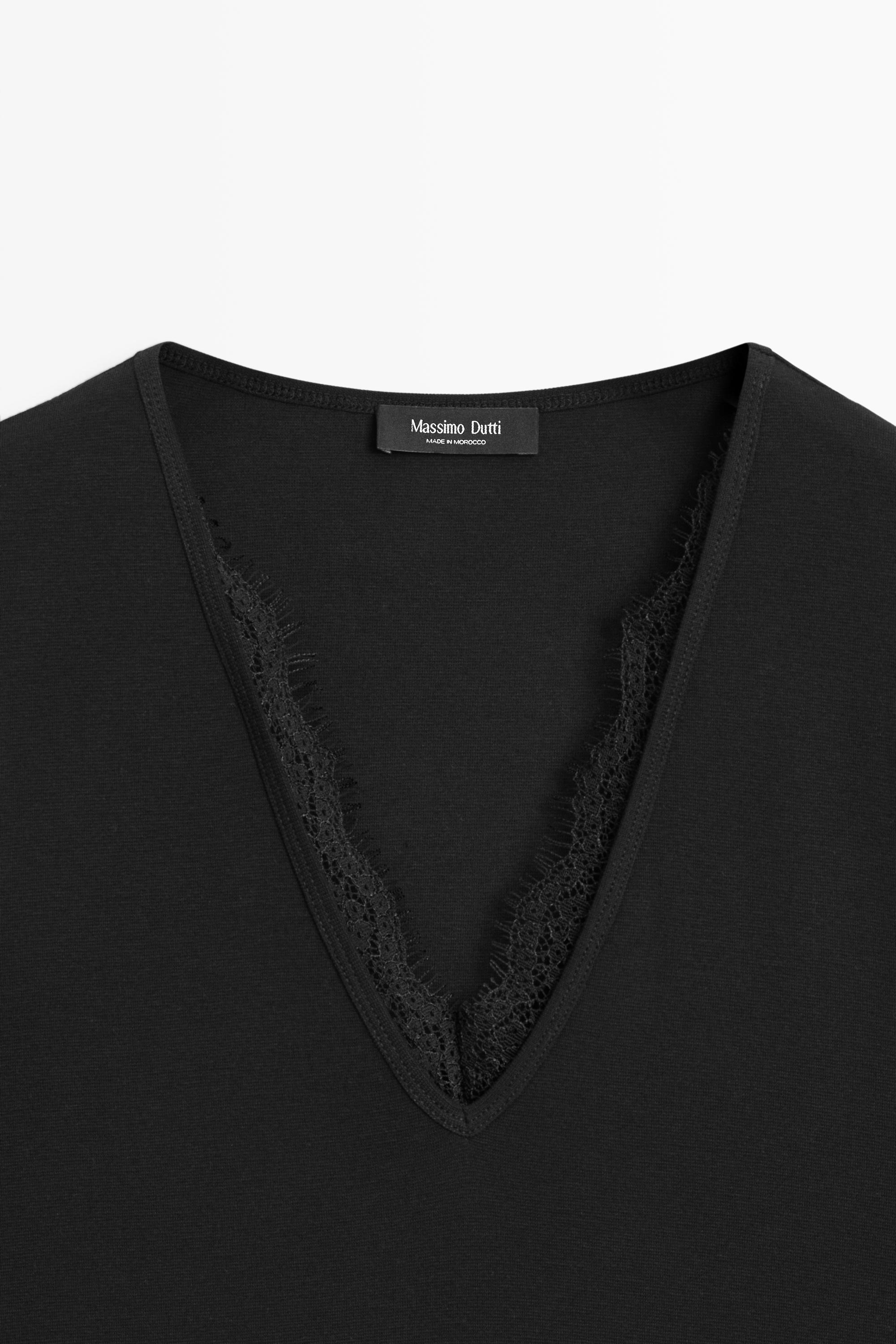 Lace-detail V-neck T-shirt — BLACK