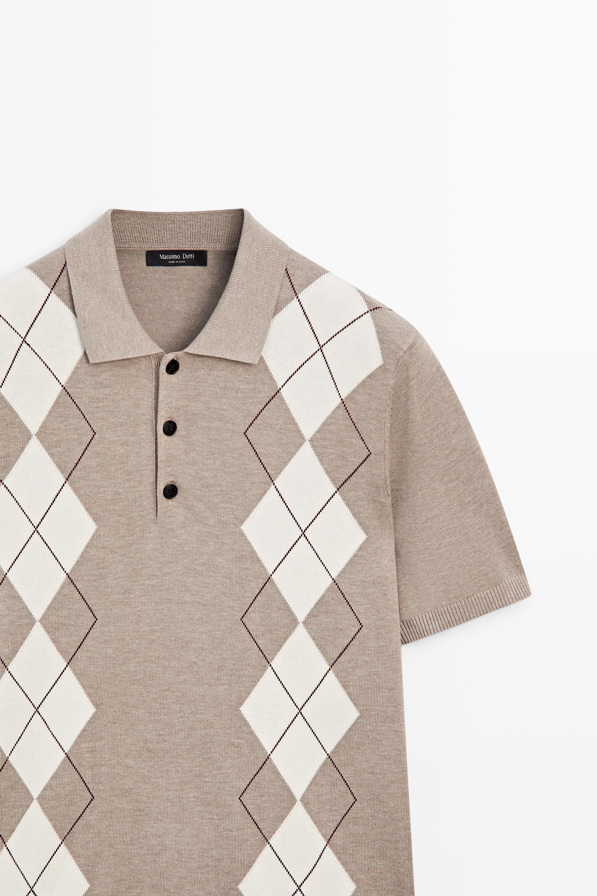 Cotton blend diamond pattern short sleeve polo shirt — BEIGE MARL