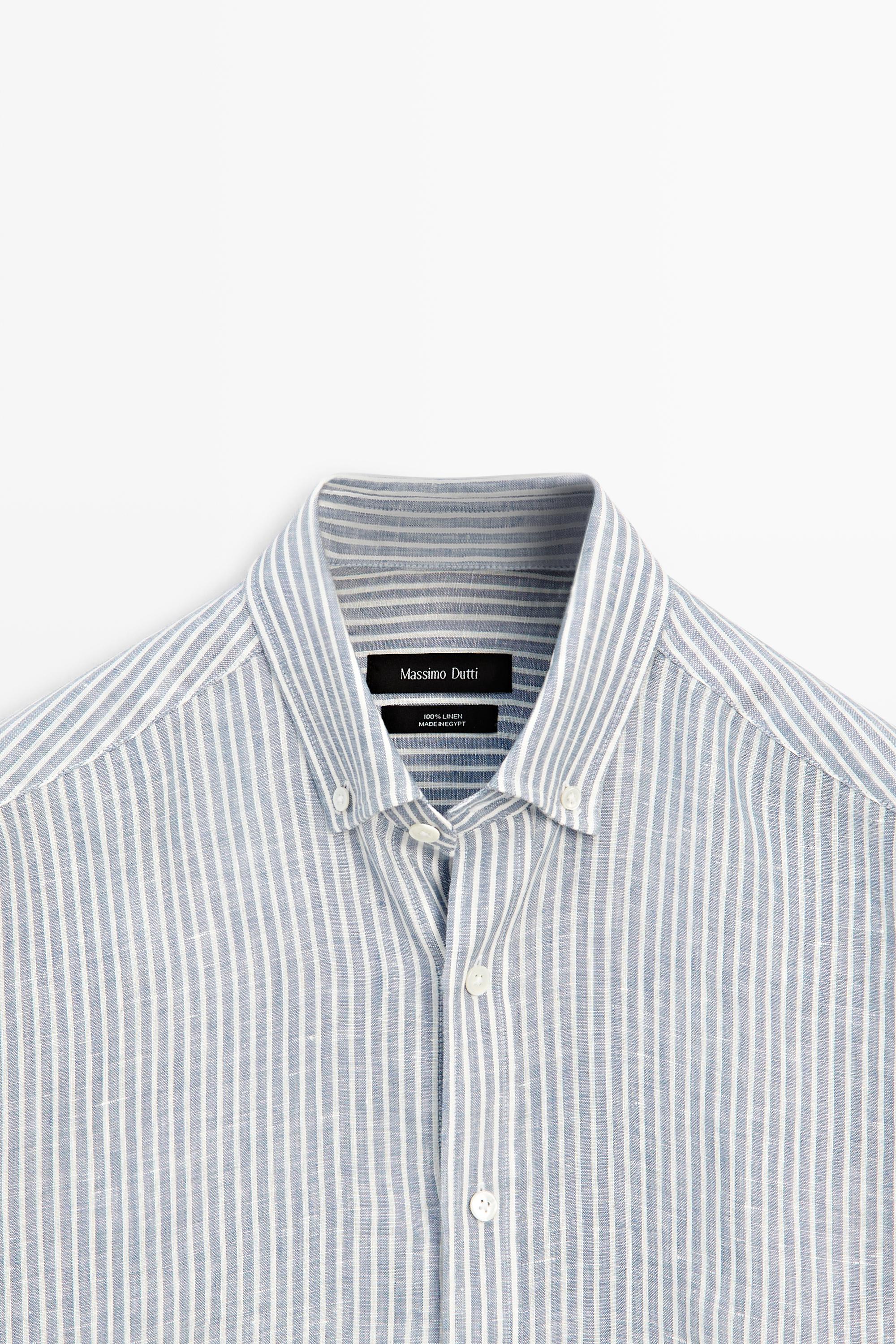 100% linen regular fit striped shirt — SKY BLUE