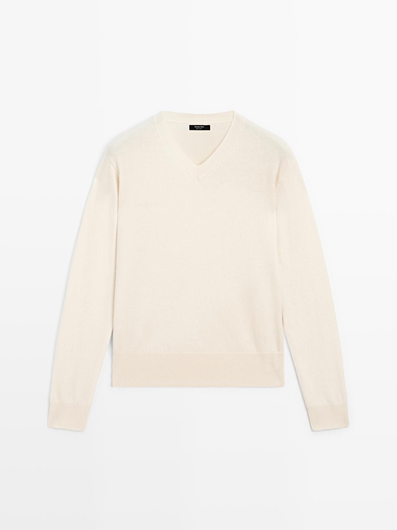 Massimo Dutti - Dame - Striktrøje I Uldblanding Med V-Udskæring - Beige - S