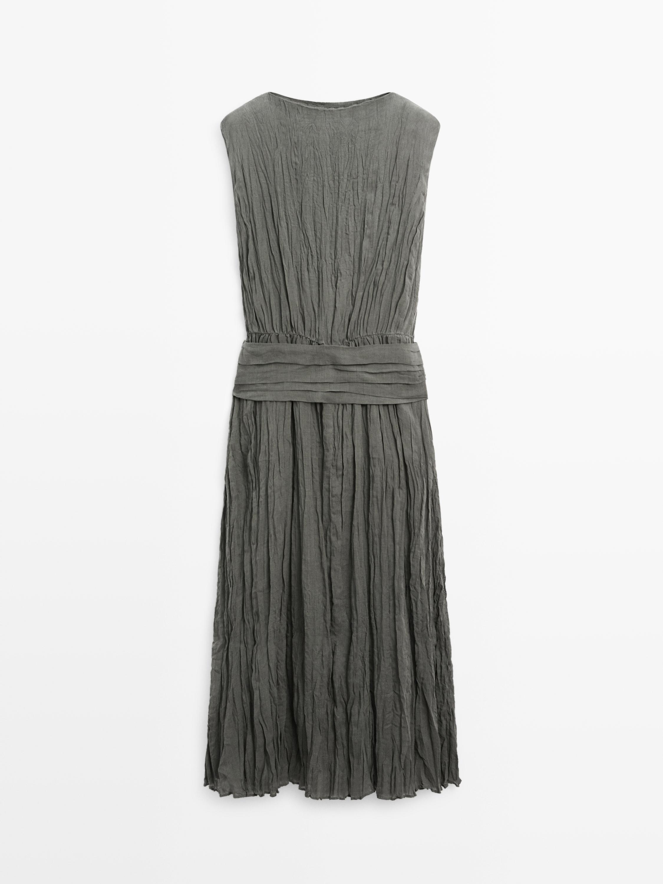 Textured flowing fabric dress with sash belt — GREY
