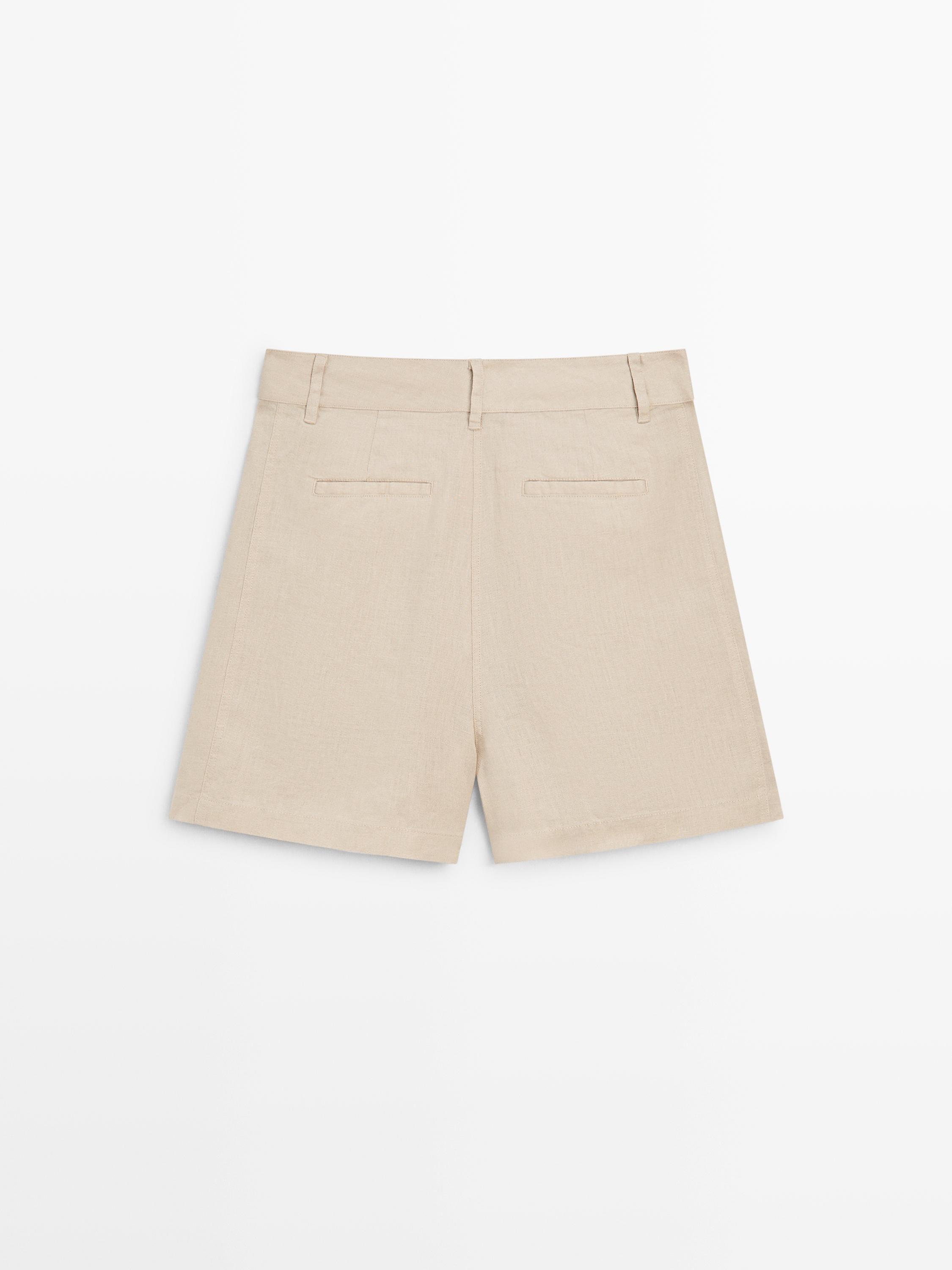 100% linen long Bermuda shorts with darts — SAND