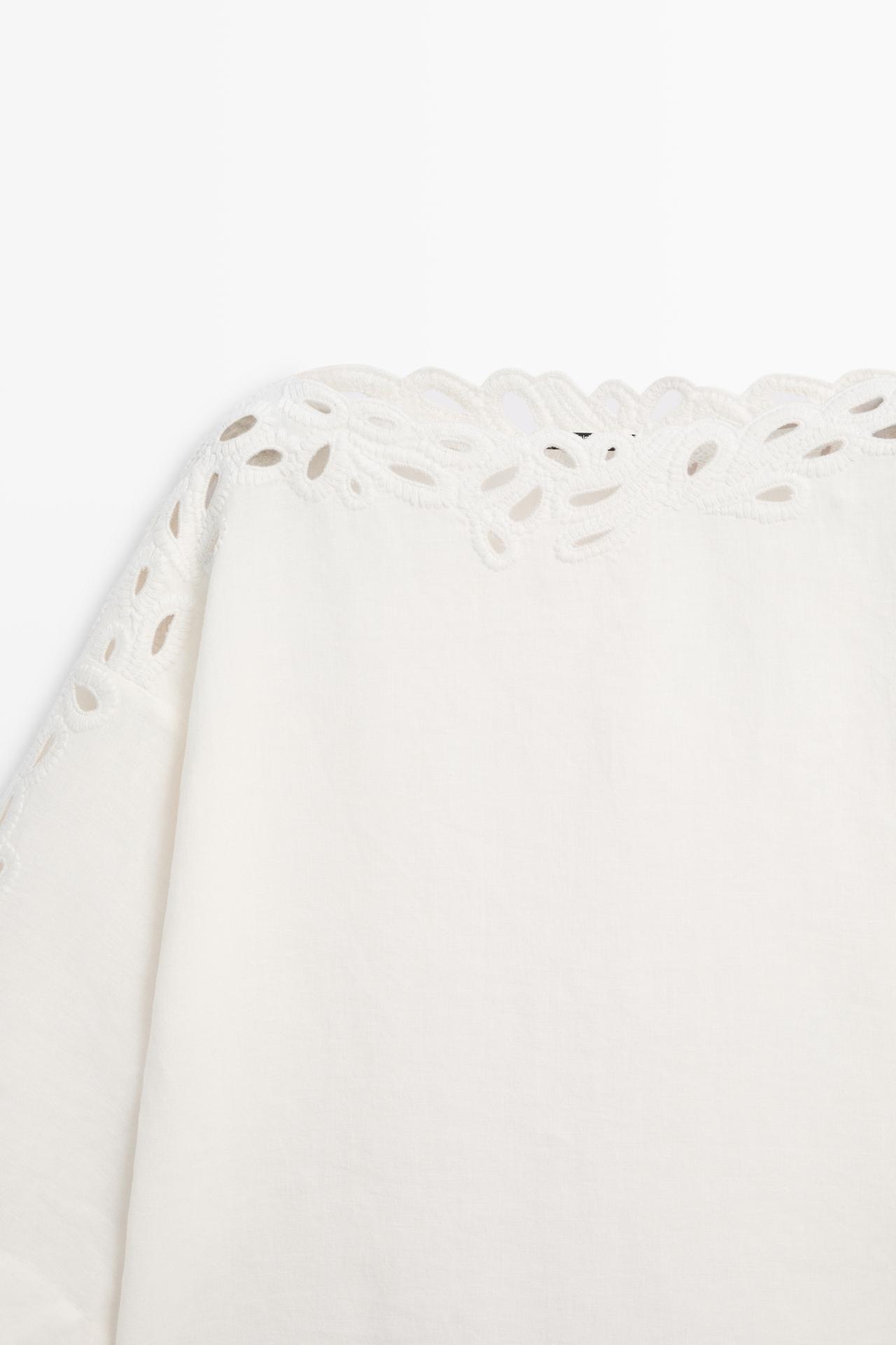 Linen boat neck blouse with embroidery — CREAM