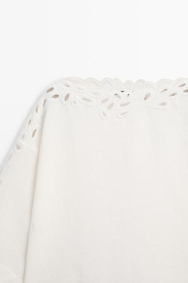 Linen boat neck blouse with embroidery — CREAM 9