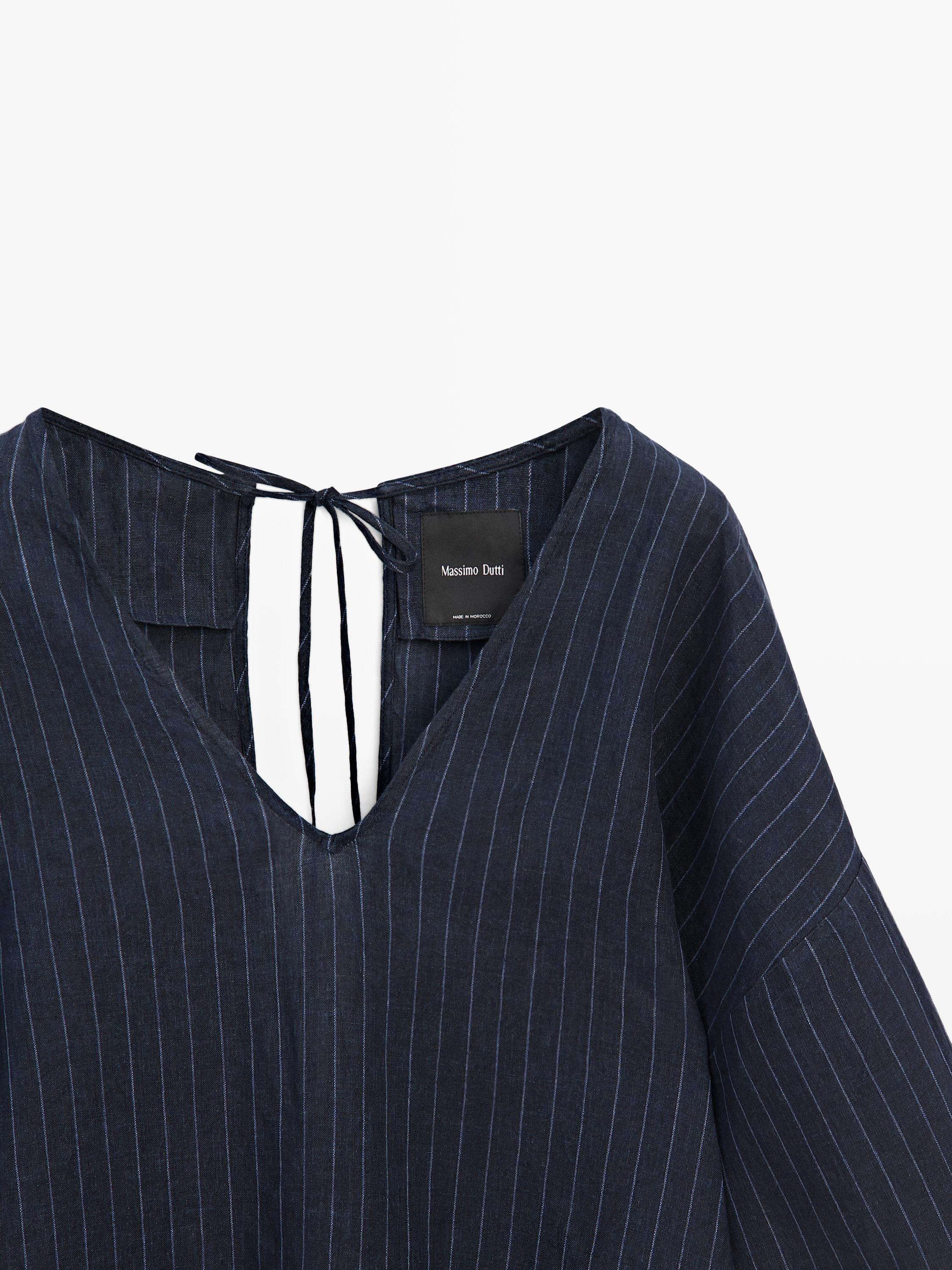 Sırt detaylı çizgili keten bluz