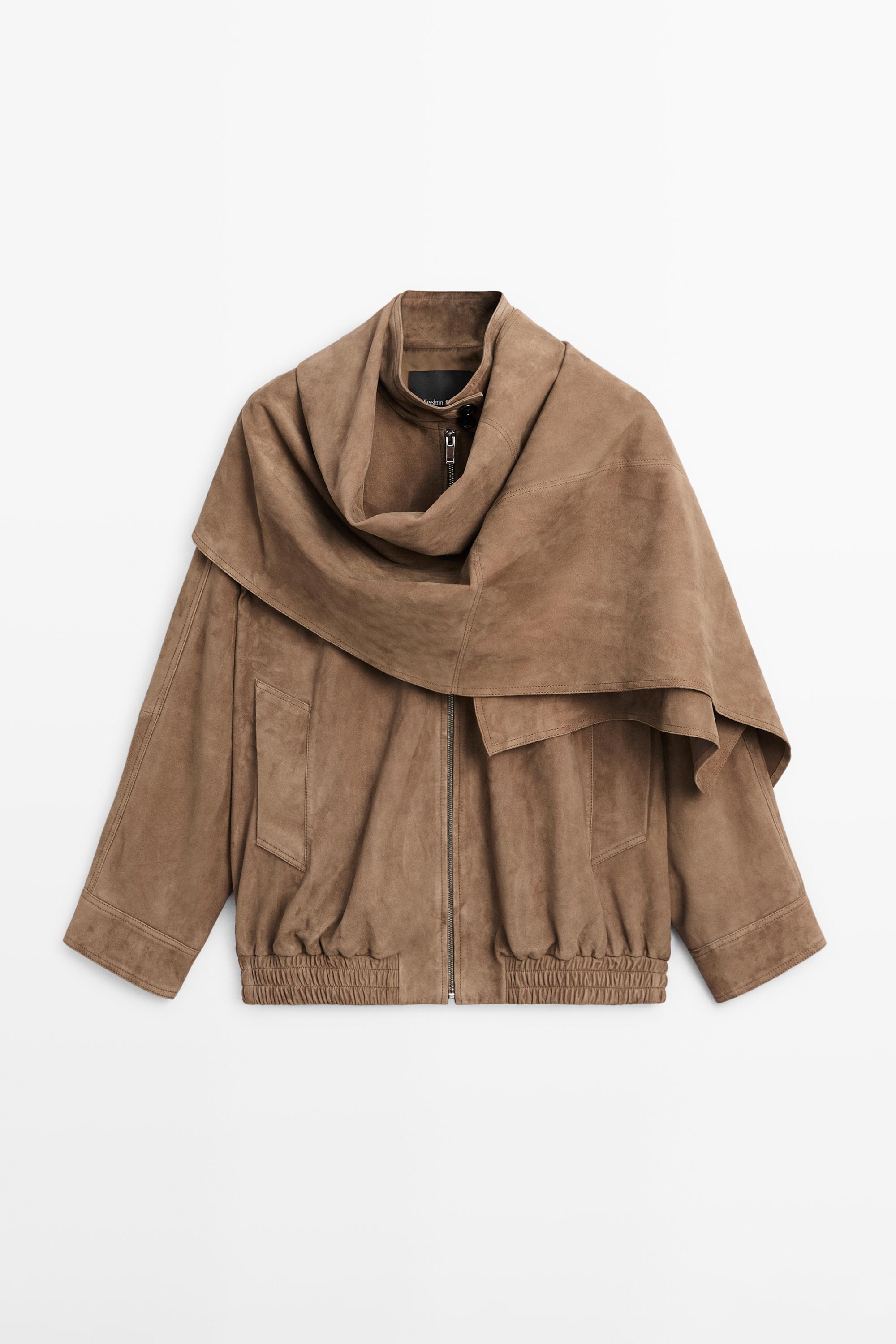 Suede leather bomber jacket with scarf detail — MOLE BROWN