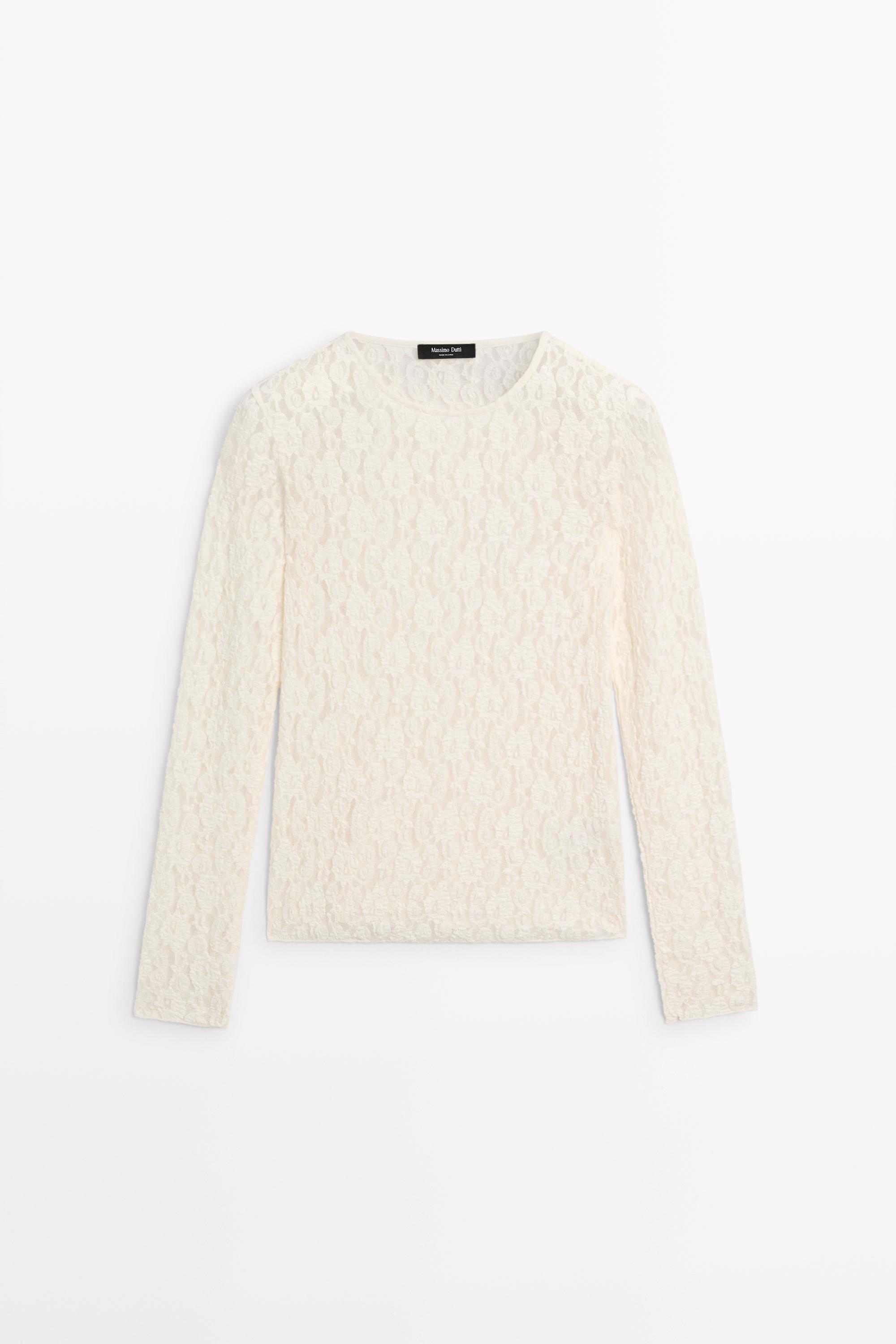 Long sleeve lace detail T-shirt — CREAM