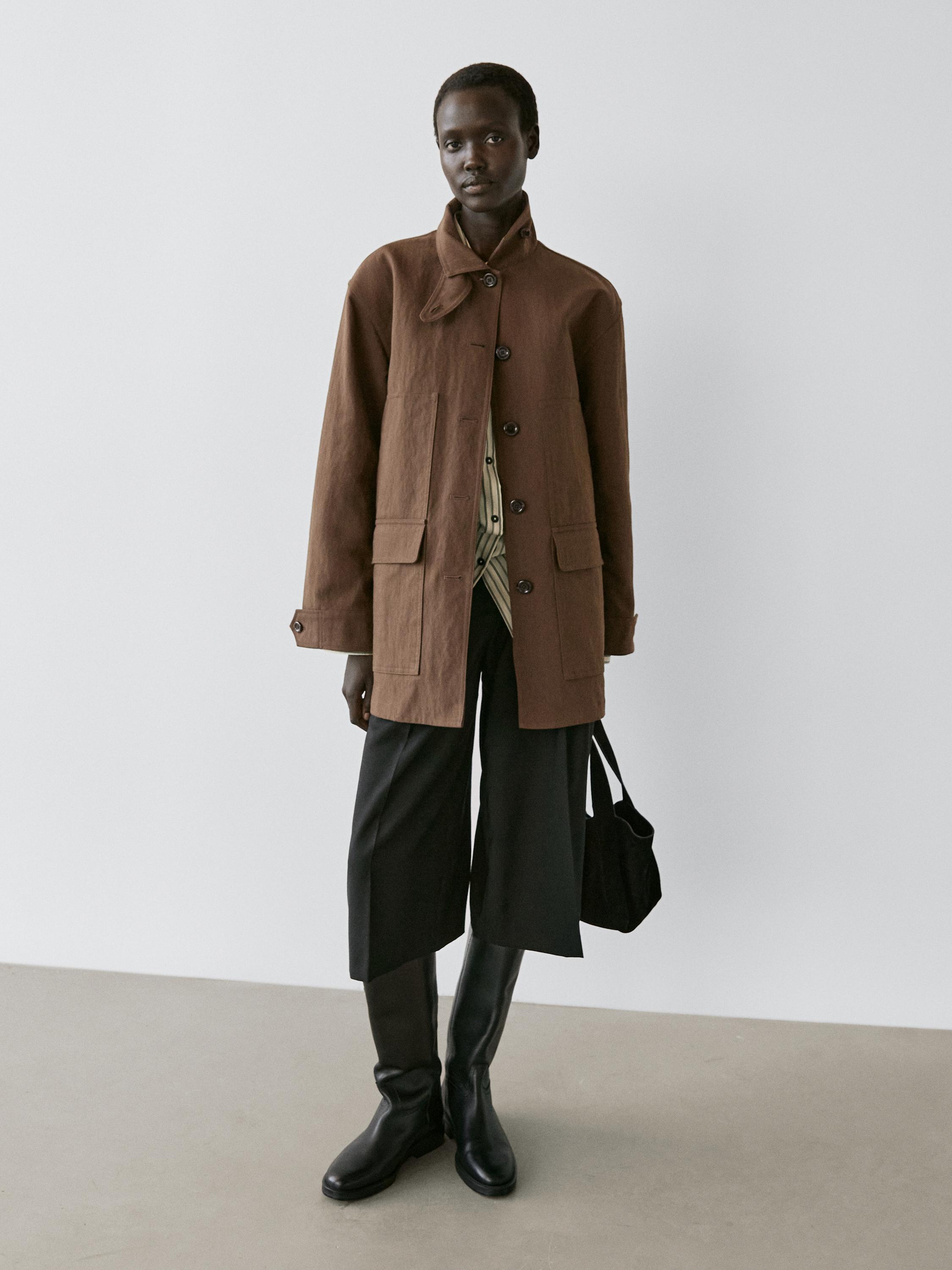 Cotton blend jacket with pockets — BROWN