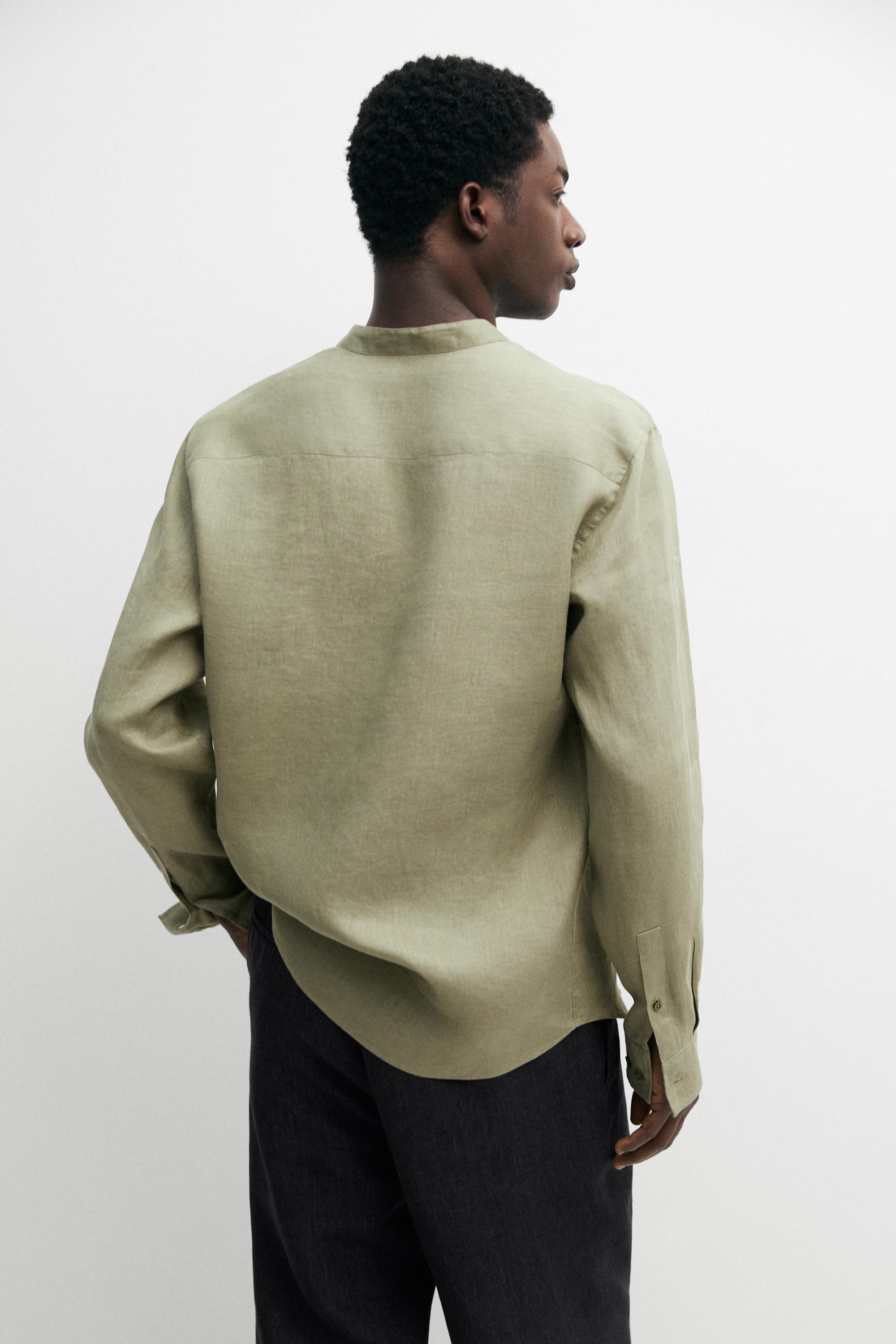 100% linen regular fit stand collar shirt — PALE GREEN