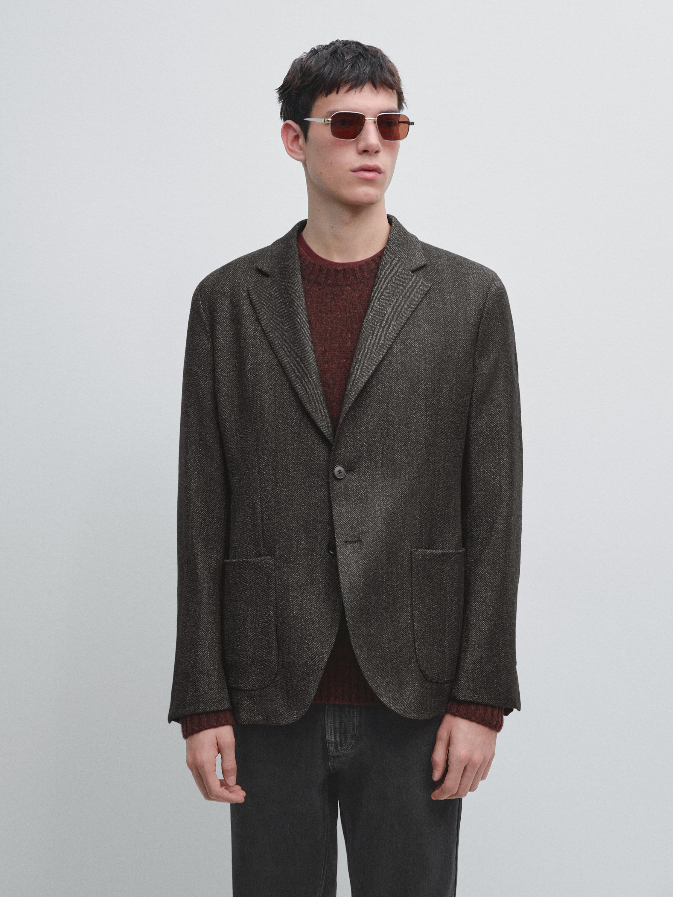 Herringbone wool blend blazer — CHARCOAL