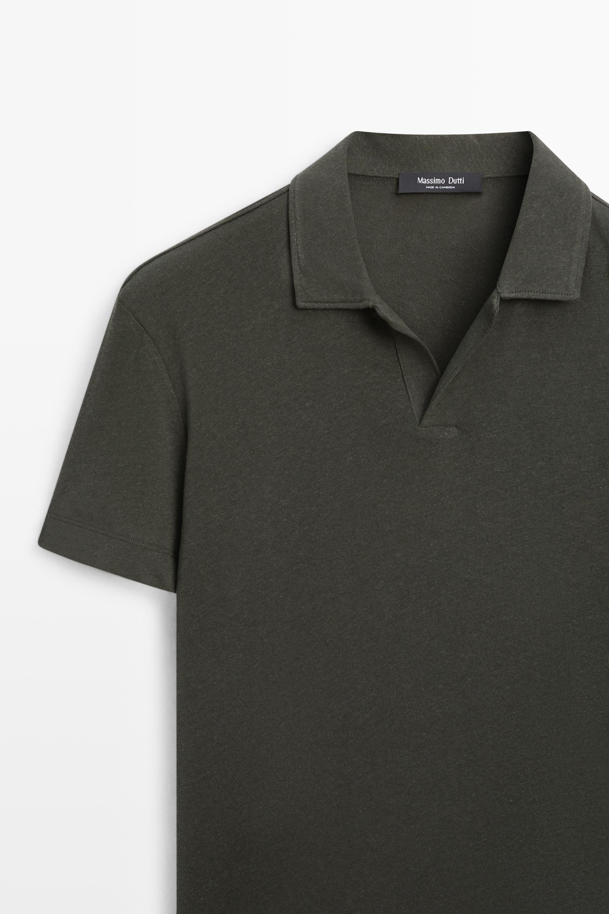 Short sleeve linen cotton polo shirt — DARK GREEN