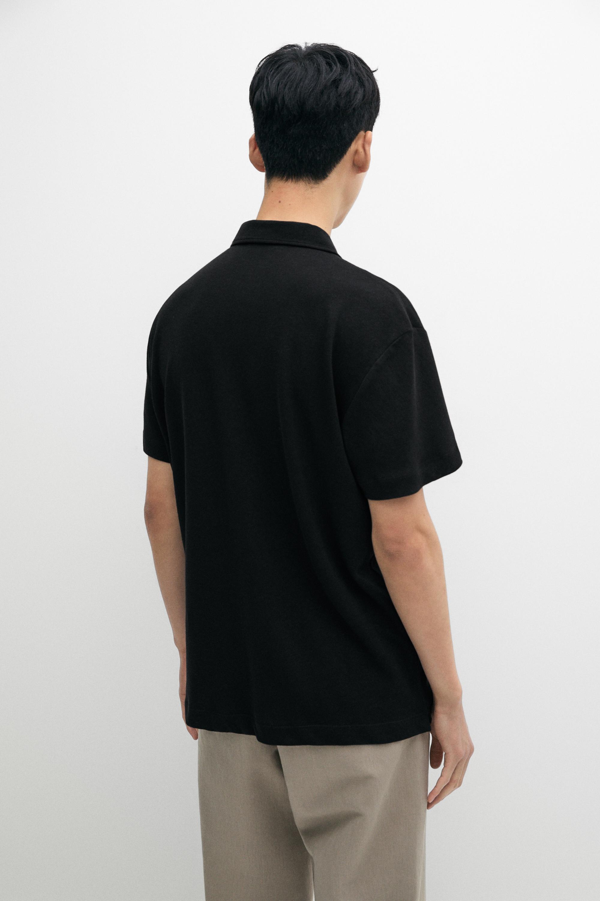 Short sleeve linen cotton polo shirt — BLACK