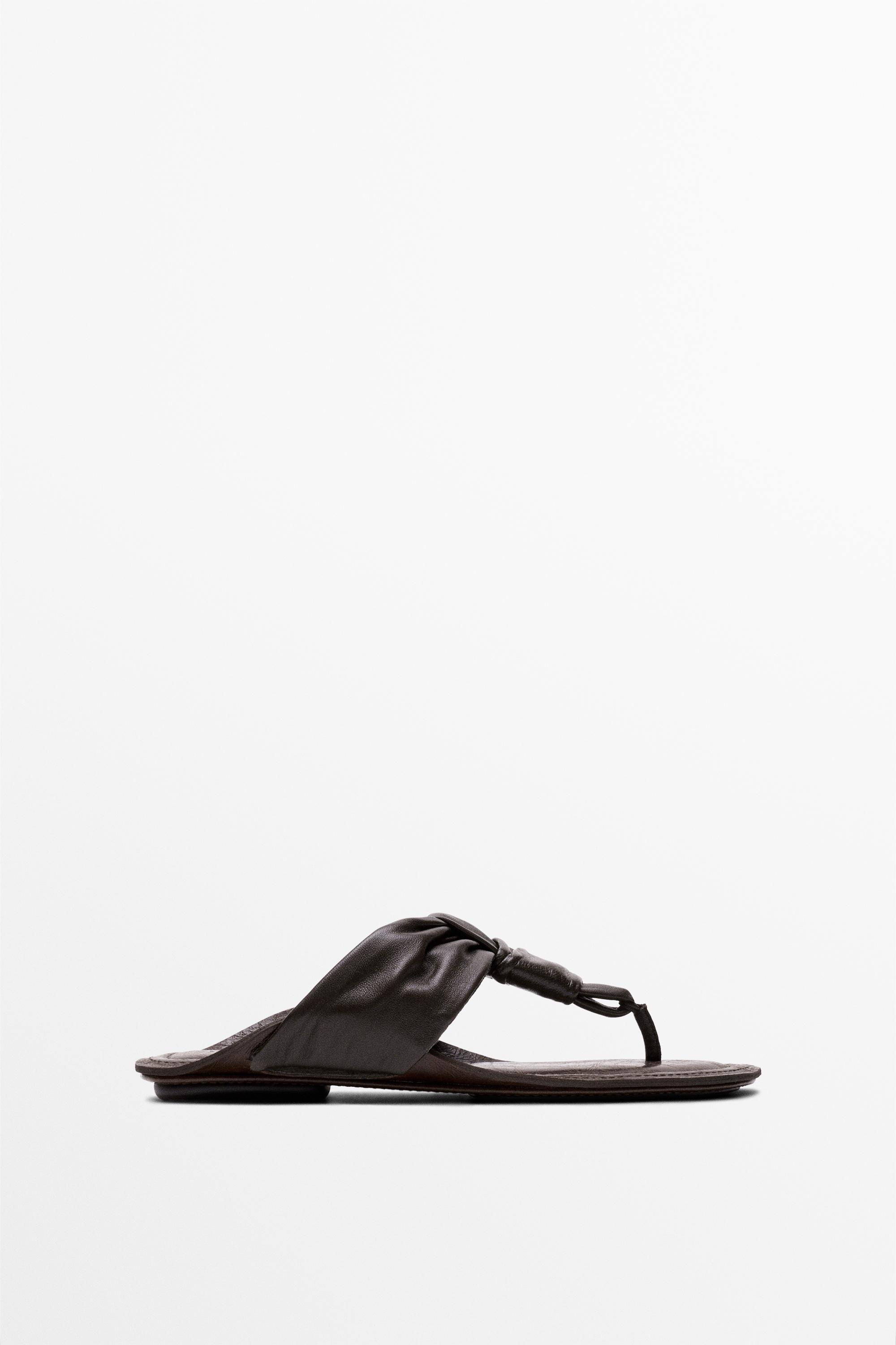 Gathered leather sandals with knot — BROWN
